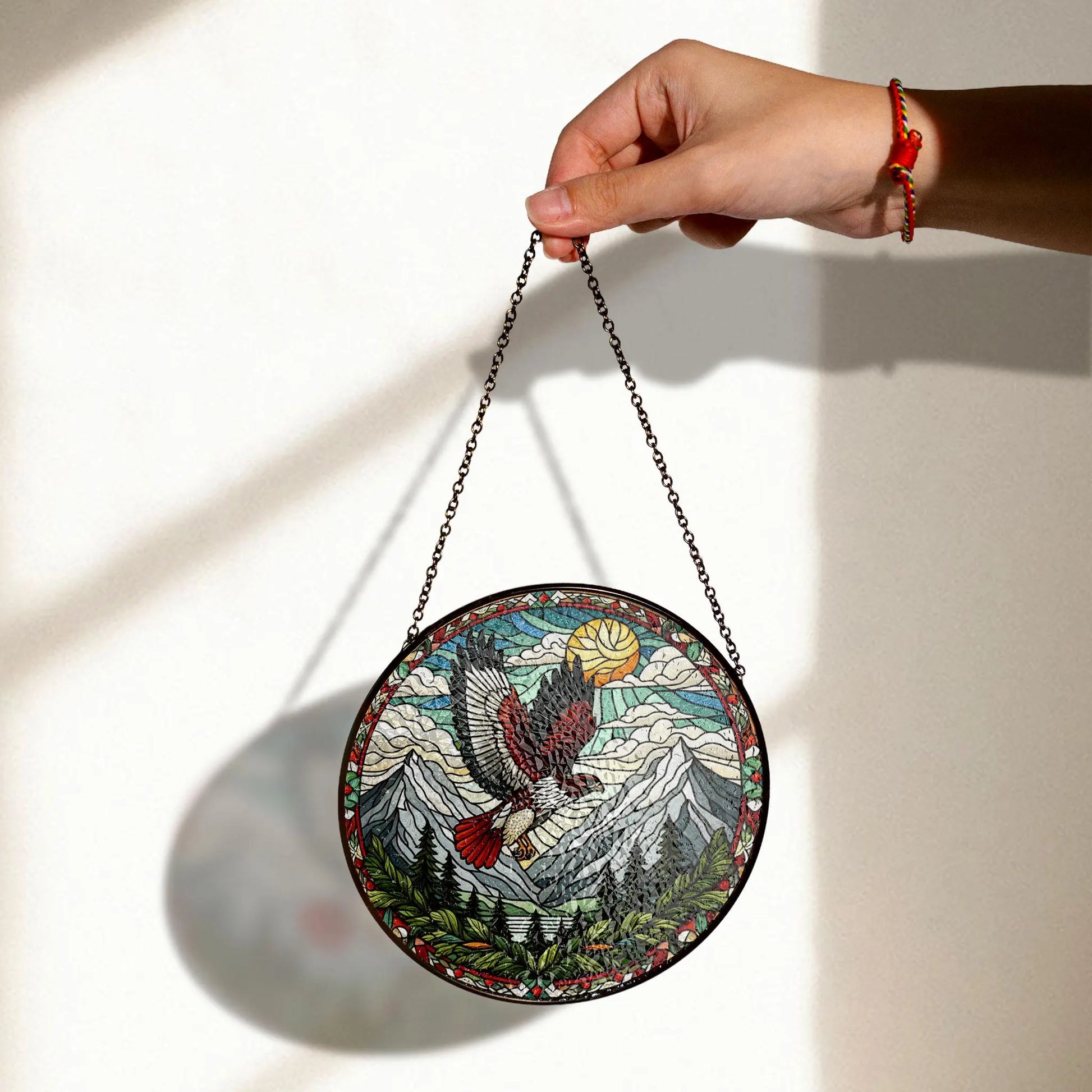 Red-tailed Hawk Stained Glass Suncatcher, Soaring Bird Art for Window Display, Nature Wildlife Theme, Gift for Him Birdwatcher, Acrylic Light Catcher Window Hanging, Stained Glass Style Ornament, Artistic Home Decor Gift