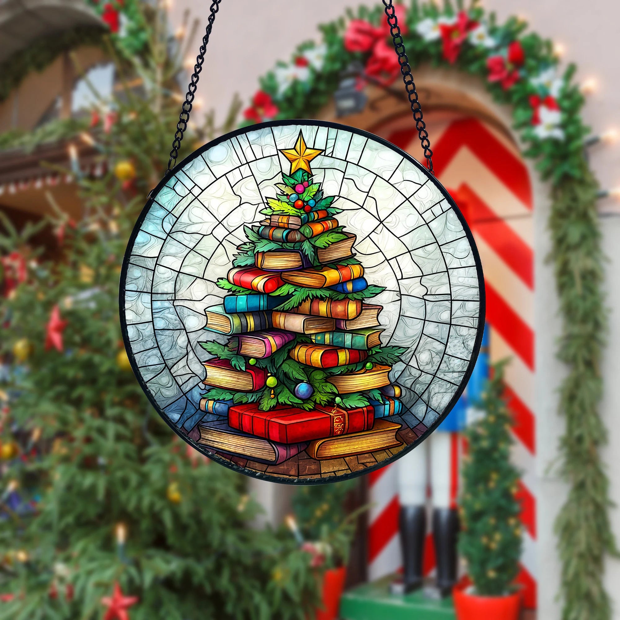 Bookish Christmas Tree Stained Glass Suncatcher_ Book Lover Xmas Decor, Handmade Glass Art Decor, Colorful Sun Catcher Ornament, Boho Window Decoration, Unique Gift