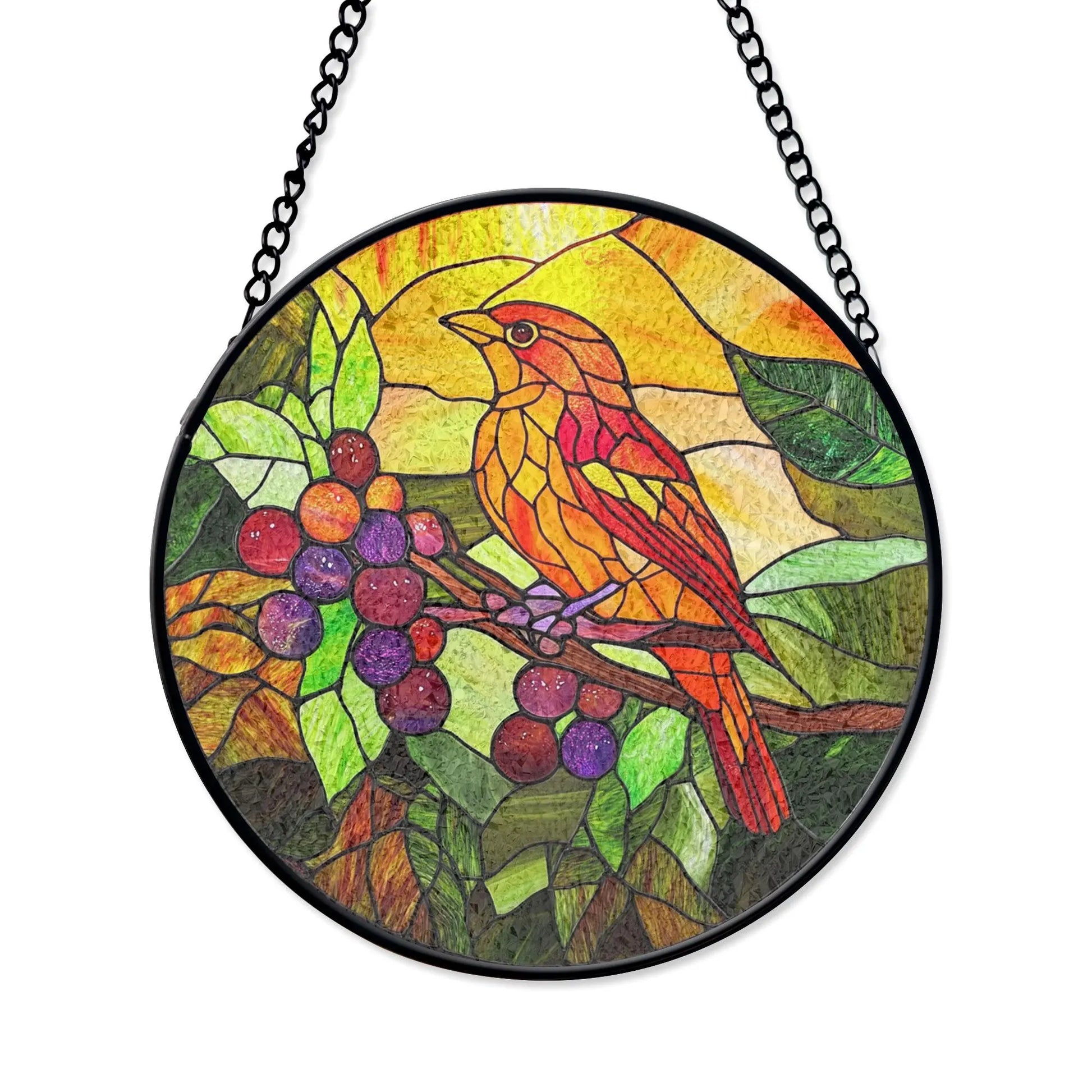 Vibrant Bird and Berry Stained Glass Design - Nature-inspired Circular Window Hanging, Acrylic Light Catcher Window Hanging, Stained Glass Style Ornament, Artistic Home Decor Gift
