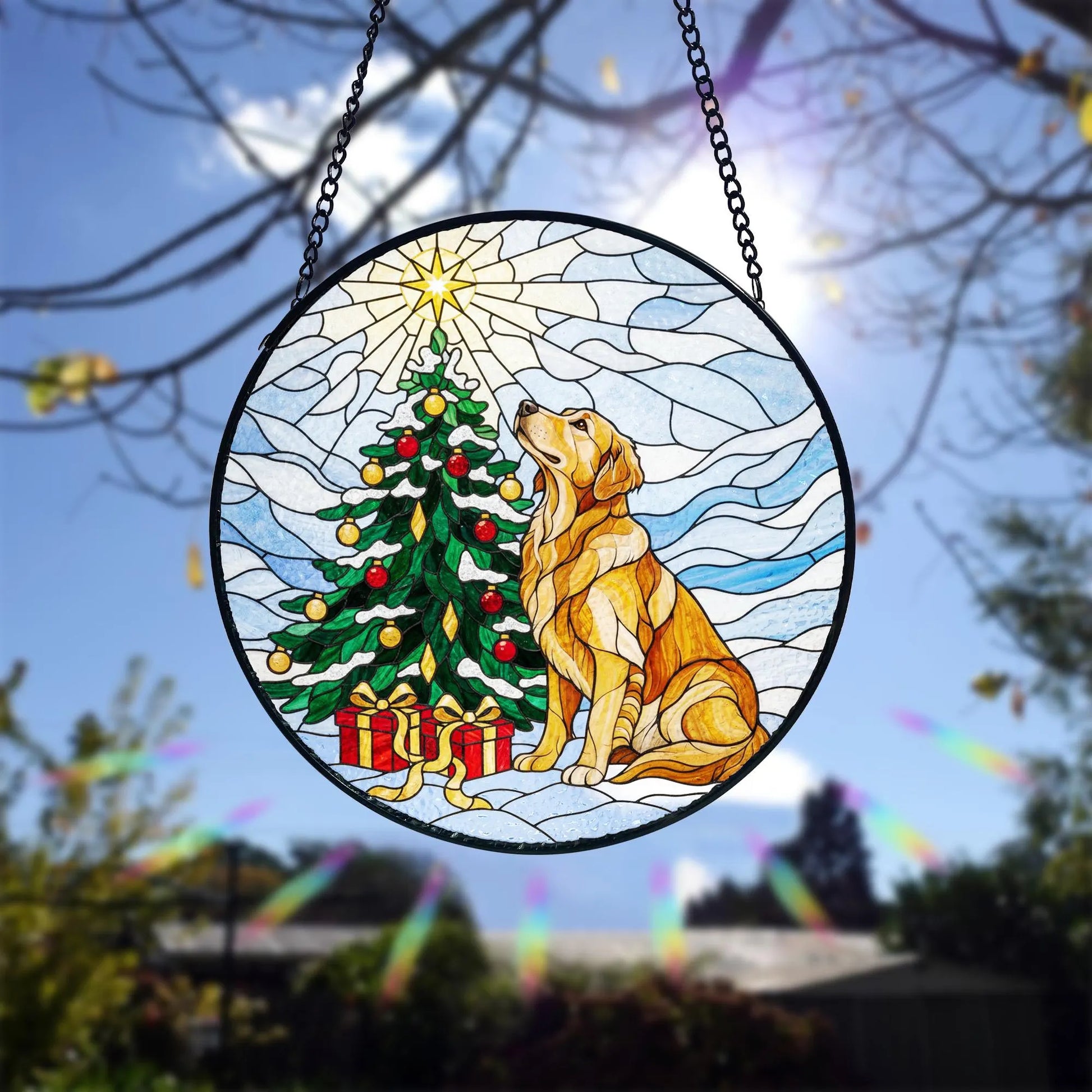 Golden Retriever Christmas Suncatcher_ Stained Glass Window Decor, Colorful Sun Catcher Ornament, Boho Window Decoration, Unique Gift