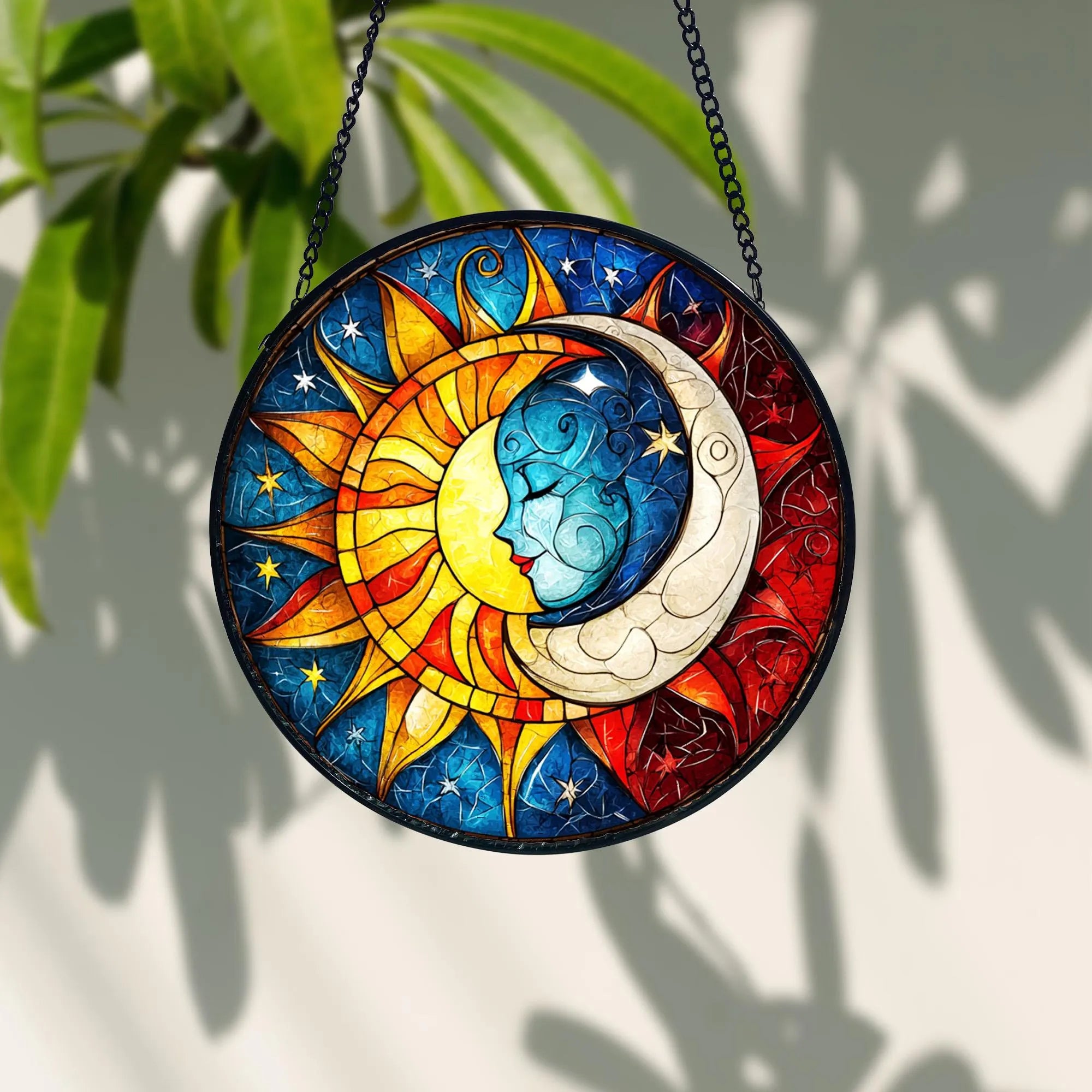 Sun & Moon Stained Glass Suncatcher_ Celestial Window Decor, Stained Glass Inspired Suncatcher, Acrylic Window Hanging Art, Colorful Light Catcher, Handmade Gift for Home