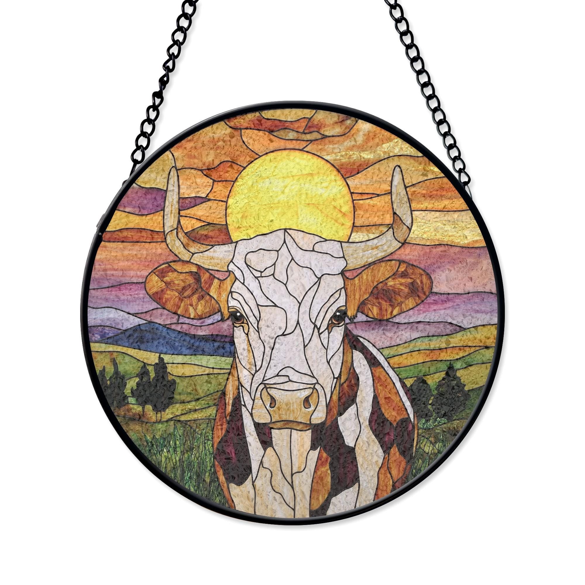 Cow Stained Glass Window Hanging - Rustic Farmhouse Art Decor, Stained Glass Effect Acrylic Suncatcher, Window Hanging Decoration, Colorful Sunlit Home Accent, Handmade Gift
