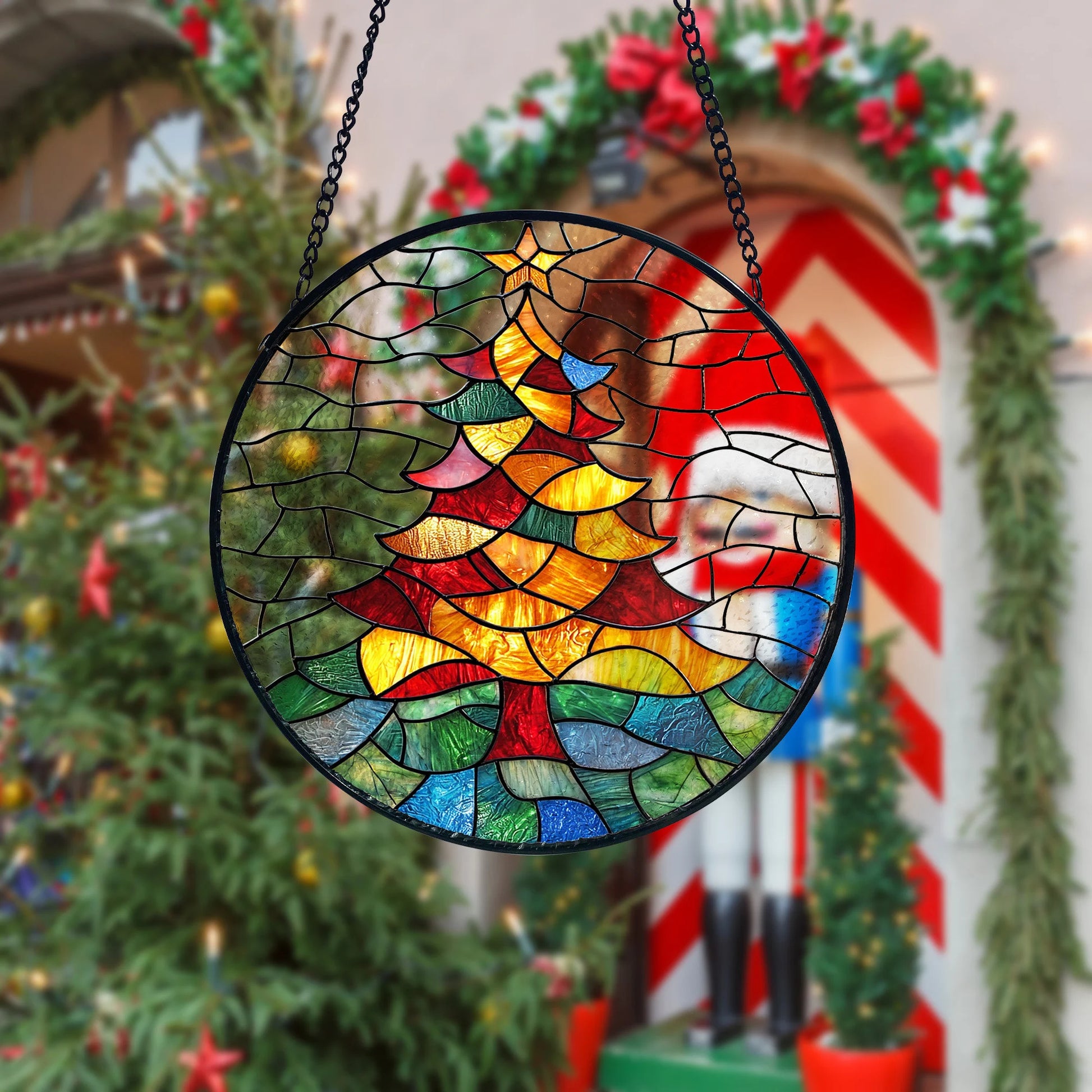 Stained Glass Christmas Tree Suncatcher_ Holiday Window Decor, Stained Glass Style Clover Suncatcher, Acrylic Window Hanging Decor, Four Leaf Lucky Ornament, Green Sun Catcher Panel, Unique Home Gift