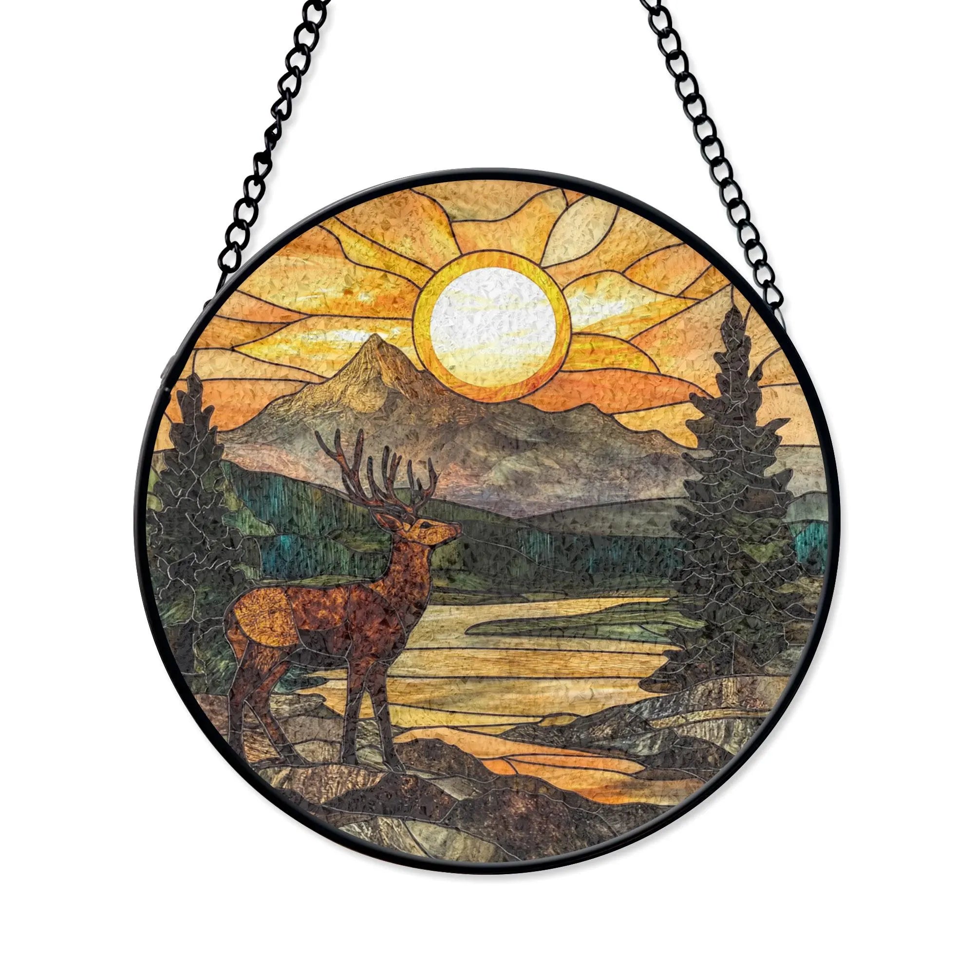 Deer Stained Glass Window Hanging - Serene Sunset Nature Art Decor, Stained Glass Effect Acrylic Suncatcher, Window Hanging Decoration, Colorful Sunlit Home Accent, Handmade Gift
