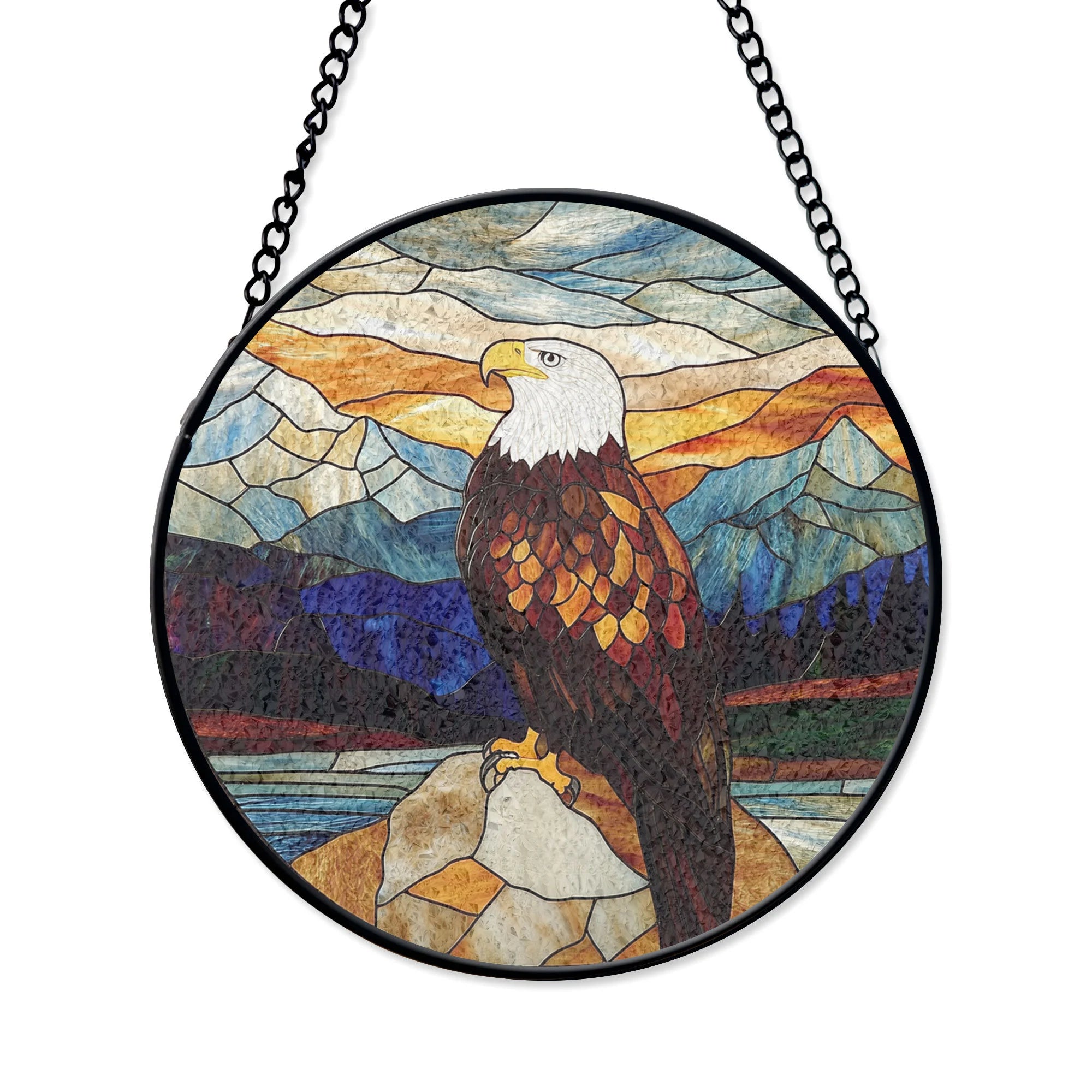 Bald Eagle Stained Glass Window Hanging - Majestic Mountain Scene Suncatcher , Colorful Acrylic Light Catcher, Stained Glass Effect Suncatcher, Handmade Window Decoration Gift