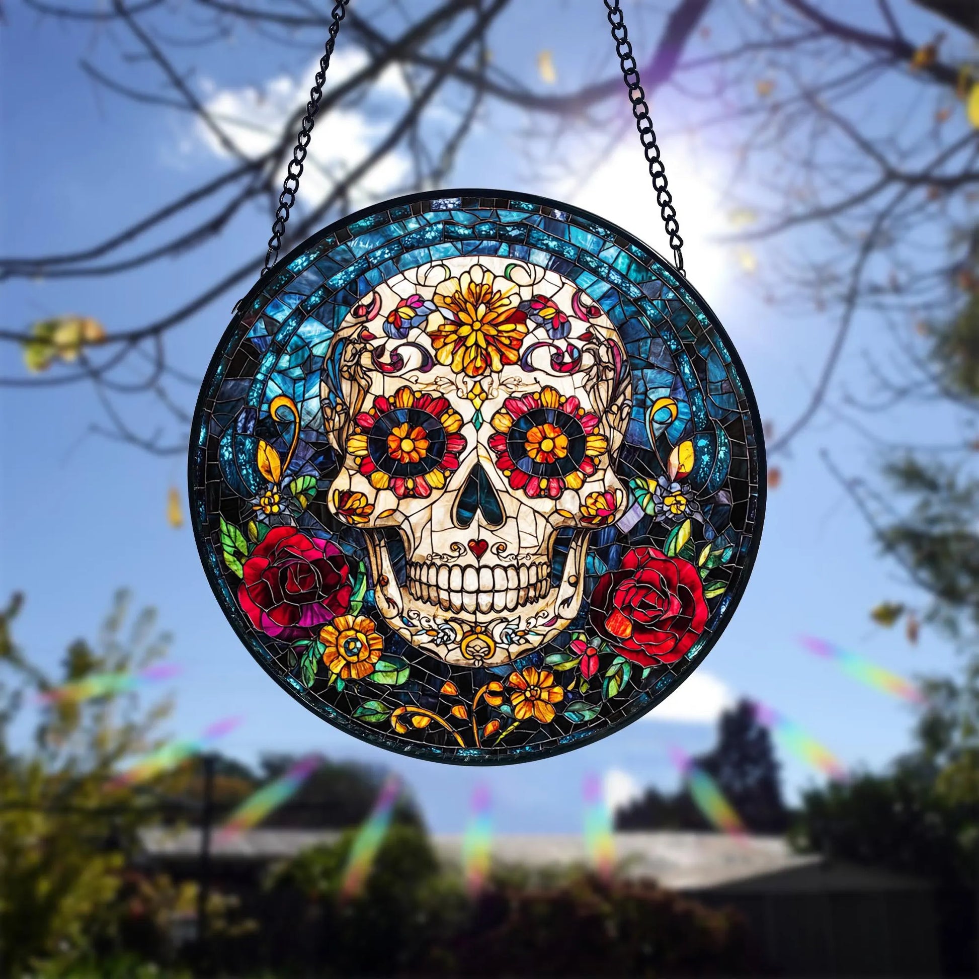 Stained Glass Style Sugar Skull Ornament, Sugar Skull Acrylic Window Hanging, Colorful Day of the Dead Decor, Sugar Skull Suncatcher Gifts, Acrylic Stained Glass Clover Suncatcher, Lucky Window Hanging, Boho Green Ornament, Unique Artisan Home Decor