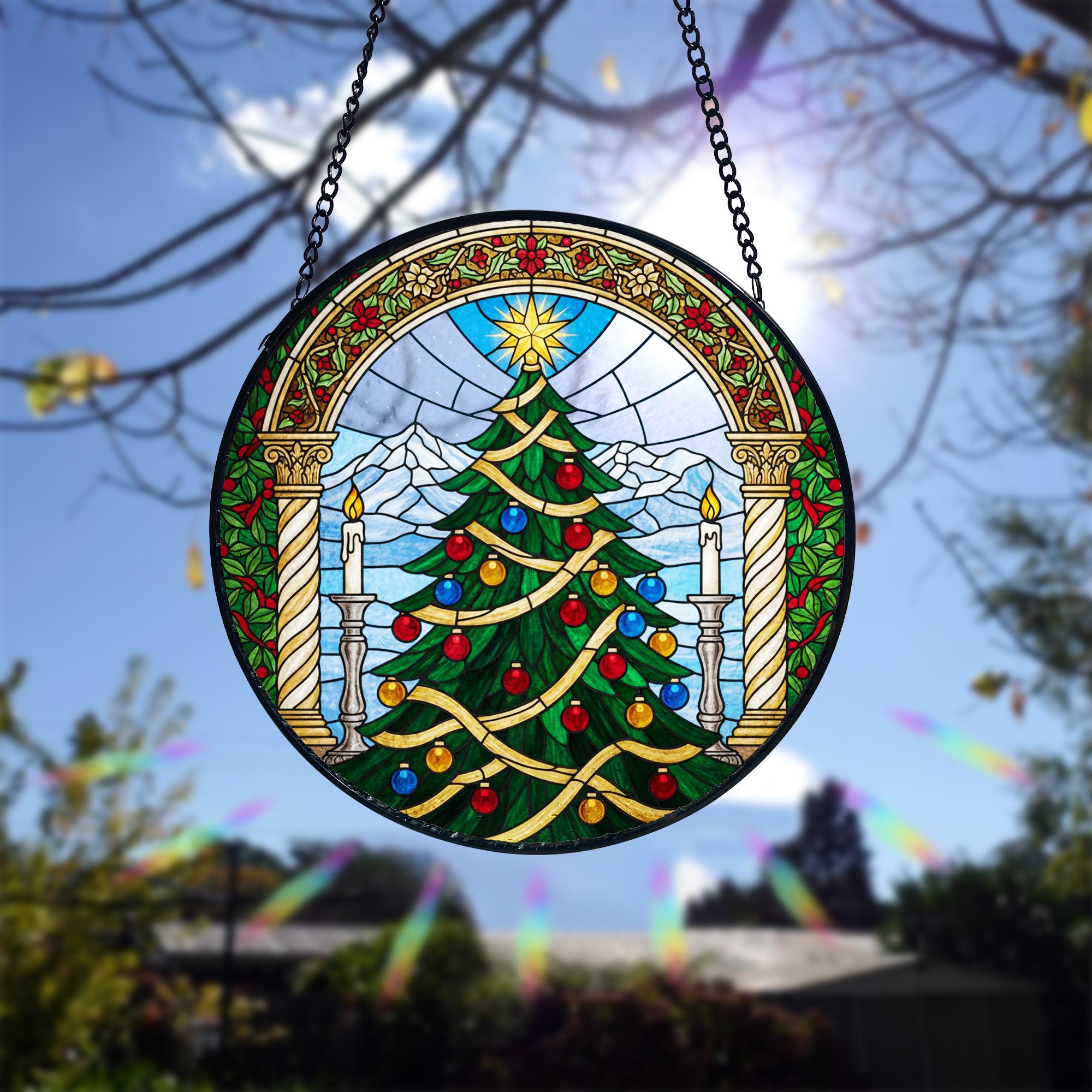 Cathedral Christmas Tree Suncatcher_ Stained Glass Style Holiday Window Hanging, Handmade Glass Art Decor, Colorful Sun Catcher Ornament, Boho Window Decoration, Unique Gift