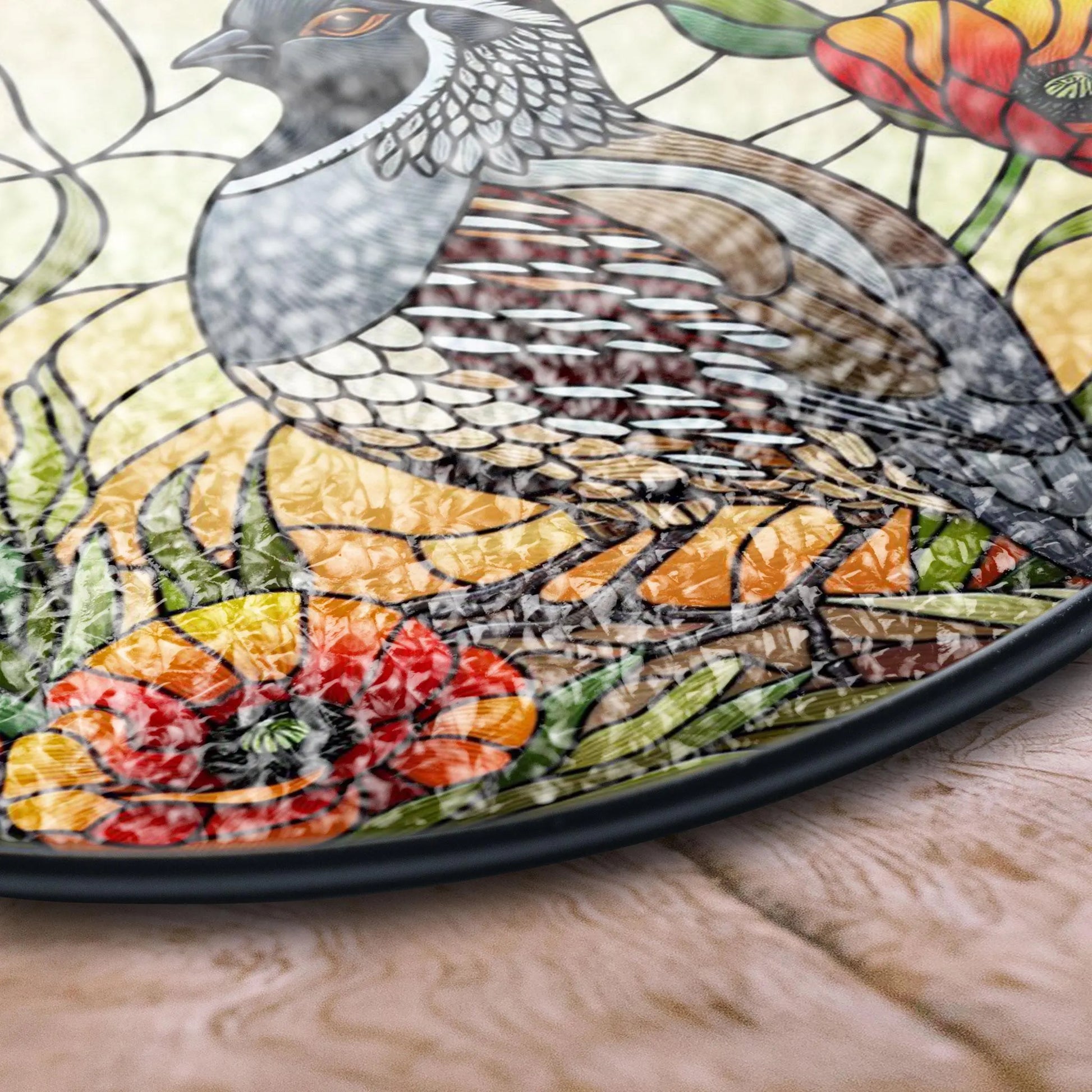 California Quail Stained Glass Suncatcher, Poppy Flower Window Decor, Wild Bird Nature Theme, Nature Lover Gift, Home Accent Gift Idea,Acrylic Light Catcher Window Hanging, Stained Glass Style Ornament, Artistic Home Decor Gift