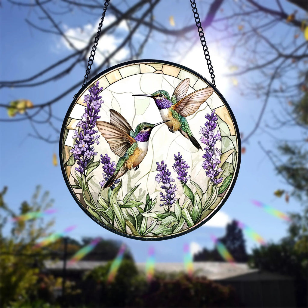 Handmade Stained Glass Suncatcher_ Hummingbirds and Lavender Decor, Handcrafted Stained Glass Suncatcher, Vibrant Window Art Panel, Sunlit Light Catcher Decoration, Boho Room Decor, Gift for Home Lovers