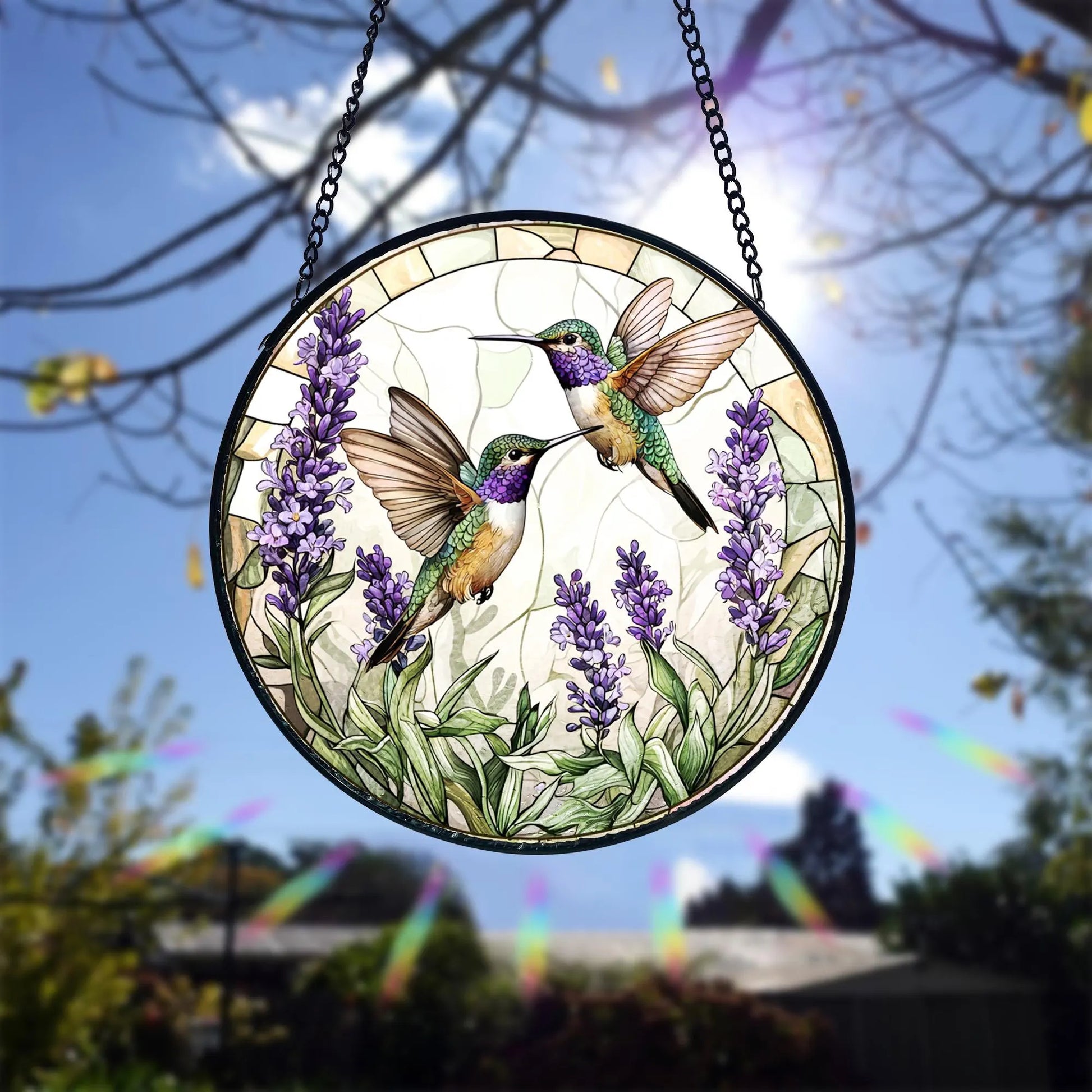 Handmade Stained Glass Suncatcher_ Hummingbirds and Lavender Decor, Handcrafted Stained Glass Suncatcher, Vibrant Window Art Panel, Sunlit Light Catcher Decoration, Boho Room Decor, Gift for Home Lovers