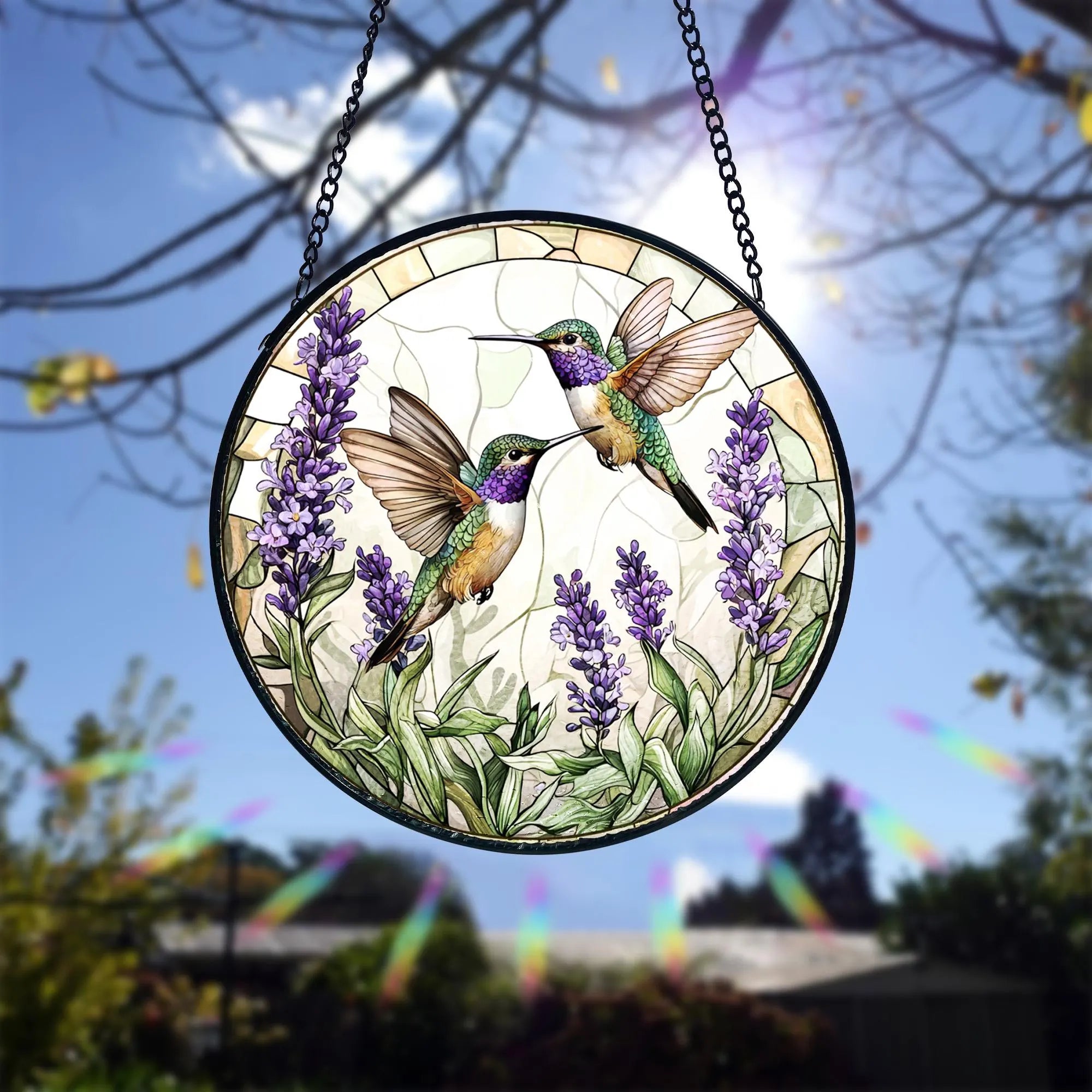 Handmade Stained Glass Suncatcher_ Hummingbirds and Lavender Decor, Handcrafted Stained Glass Suncatcher, Vibrant Window Art Panel, Sunlit Light Catcher Decoration, Boho Room Decor, Gift for Home Lovers