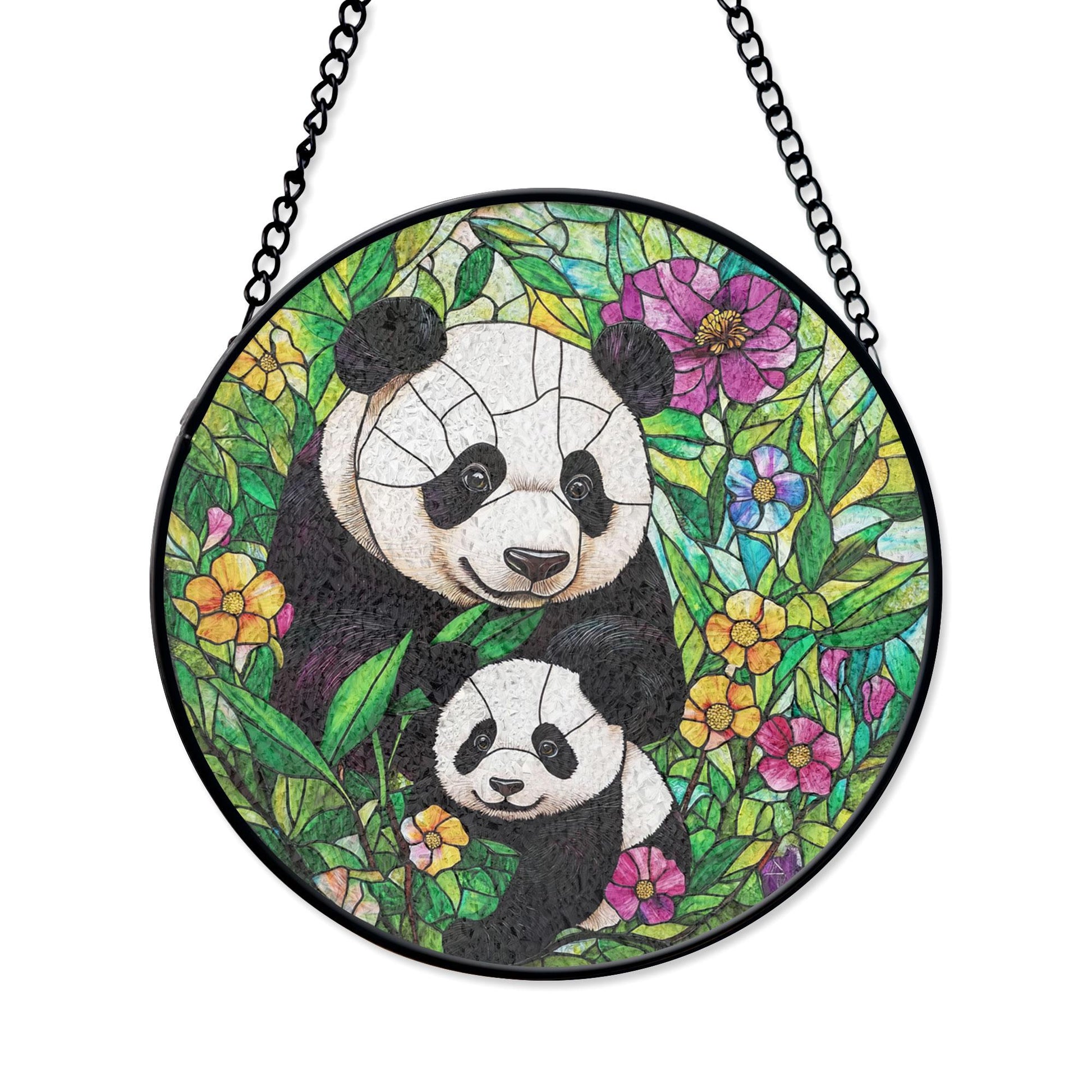 Panda Family Stained Glass Panel - Vibrant Floral and Bamboo Wildlife Circular Window Hanging, Acrylic Stained Glass Style Sun Catcher, Handmade Decorative Window Hanging, Vibrant Home Ornament, Stained Glass Window Art, Sunlit Home Accent Gift