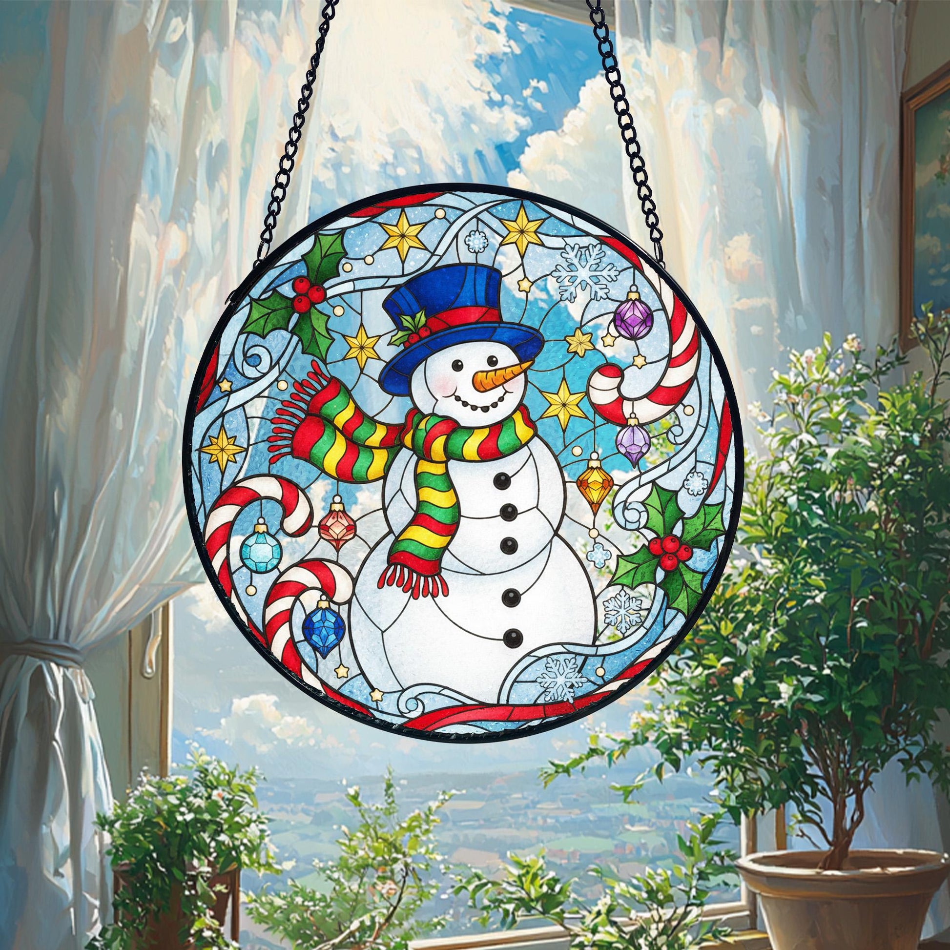 Snowman Christmas Suncatcher_ Stained Glass Style Holiday Window Hanging, Stained Glass Style Clover Suncatcher, Acrylic Window Hanging Decor, Four Leaf Lucky Ornament, Green Sun Catcher Panel, Unique Home Gift