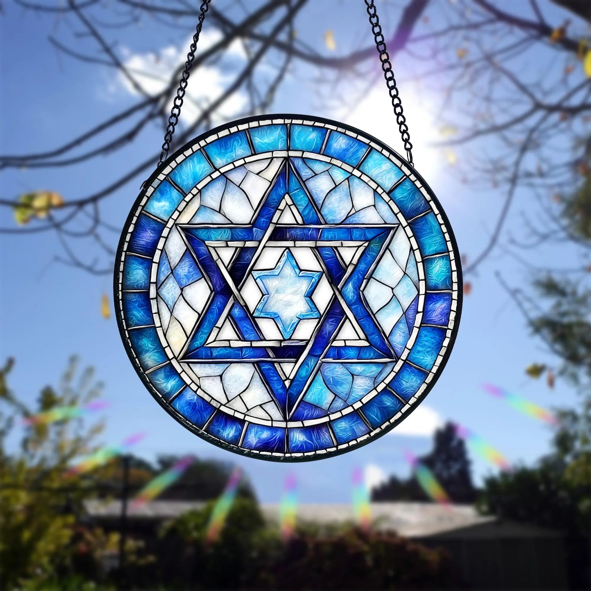 Handmade Star of David Stained Glass Ornament_ Jewish Decor, Handcrafted Stained Glass Suncatcher, Vibrant Window Art Panel, Sunlit Light Catcher Decoration, Boho Room Decor, Gift for Home Lovers