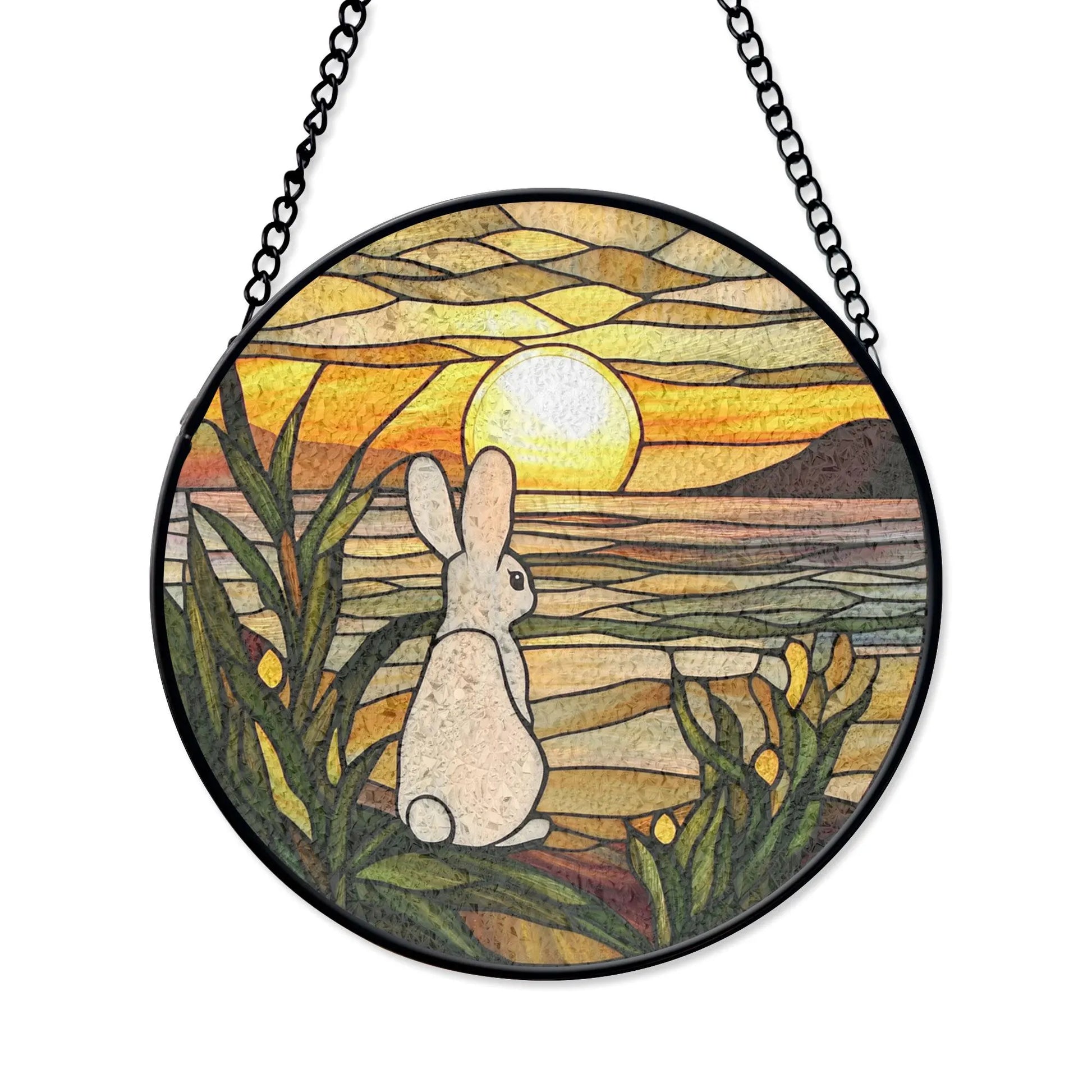 Bunny Sunset Stained Glass Window Hanging - Nature-inspired Art Decor, Stained Glass Effect Acrylic Suncatcher, Window Hanging Decoration, Colorful Sunlit Home Accent, Handmade Gift