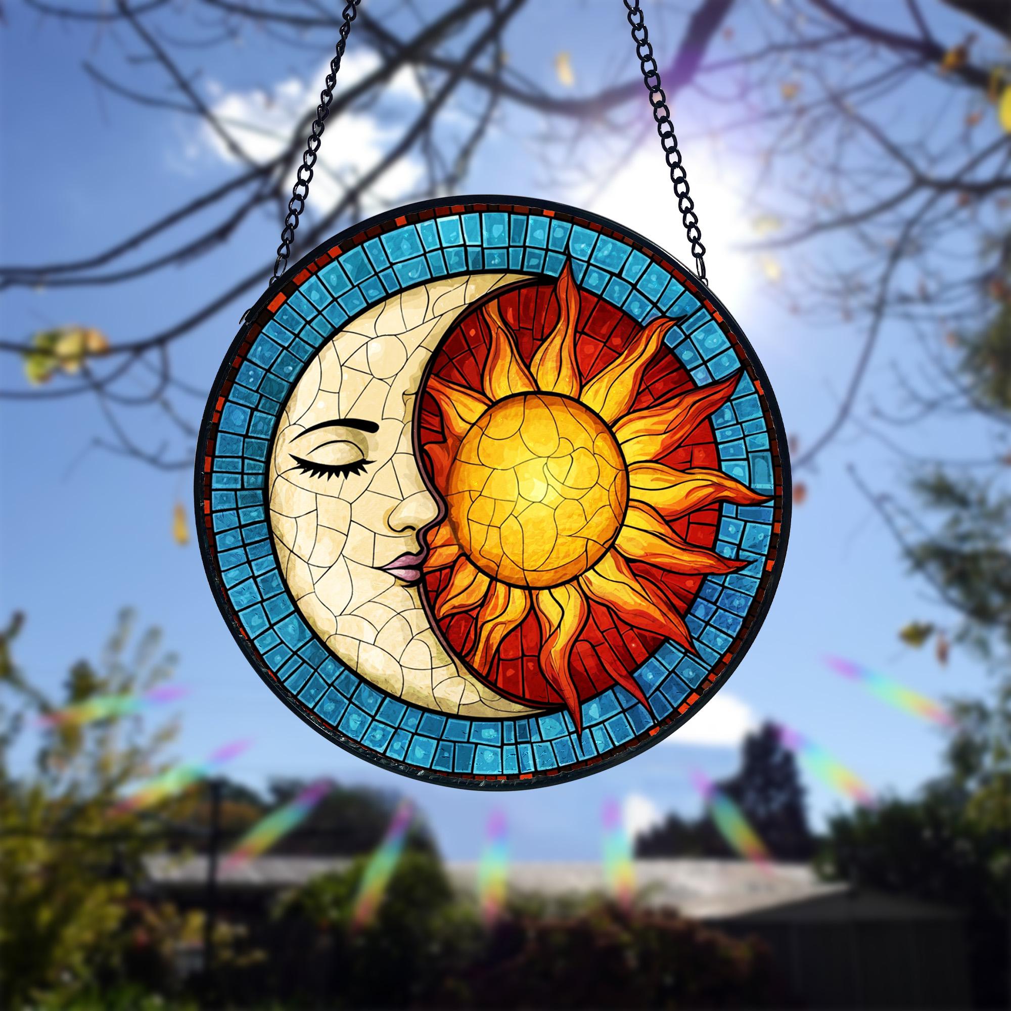 Handmade Sun and Moon Stained Glass Suncatcher_ Celestial Window Decor, Handcrafted Stained Glass Suncatcher, Vibrant Window Art Panel, Sunlit Light Catcher Decoration, Boho Room Decor, Gift for Home Lovers