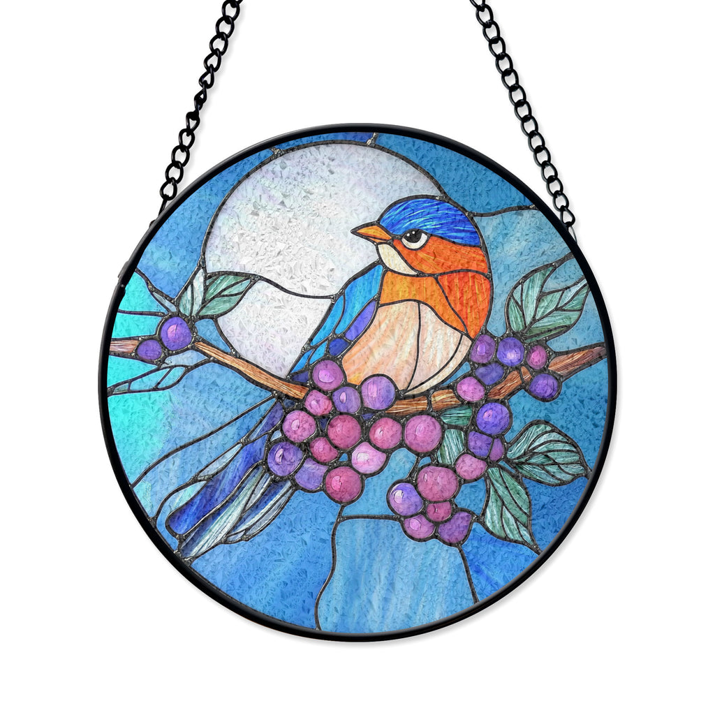 Stained Glass Bluebird and Berries Suncatcher – Nature-inspired Window Hanging Art With Vibrant Colors, Colorful Stained Glass Effect Suncatcher, Acrylic Window Hanging Art, Bright Home Accent, Gift for Home Lovers