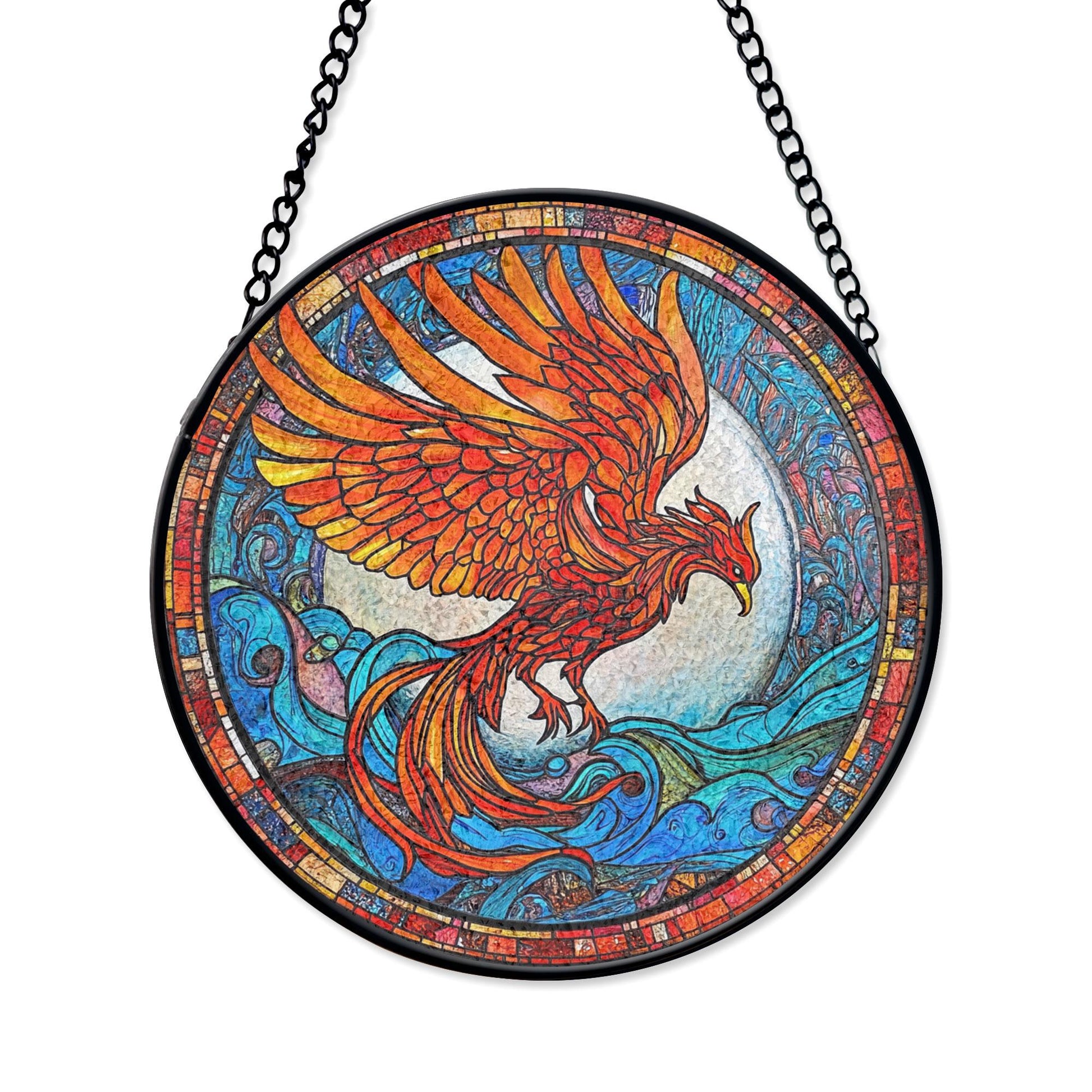 Fiery Phoenix Stained Glass Window Hanging, Majestic Art for Home Decor , Acrylic Hanging Sun Catcher for Windows, Stained Glass Look Decor, Artistic Home Accent