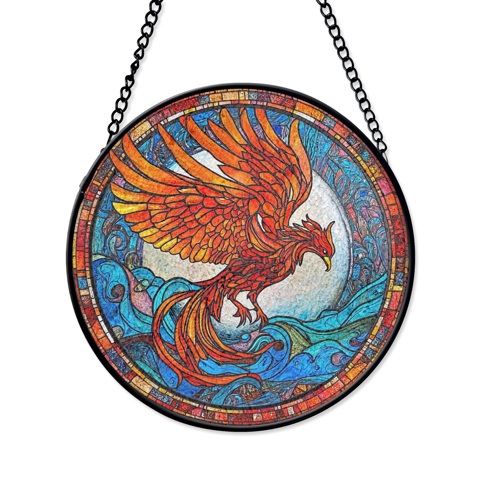 Fiery Phoenix Stained Glass Window Hanging, Majestic Art for Home Decor , Acrylic Hanging Sun Catcher for Windows, Stained Glass Look Decor, Artistic Home Accent