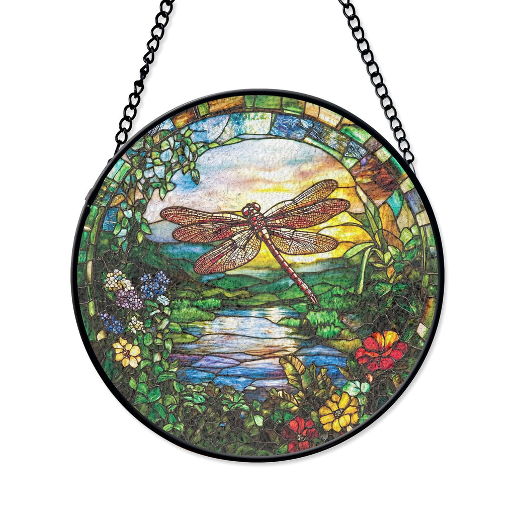 Stained Glass Dragonfly at Sunset - Nature Window Art, Decorative Stained Glass Style Suncatcher, Acrylic Window Art Panel, Sun Catcher Hanging Ornament, Unique Home Accent, andmade Home Decoration