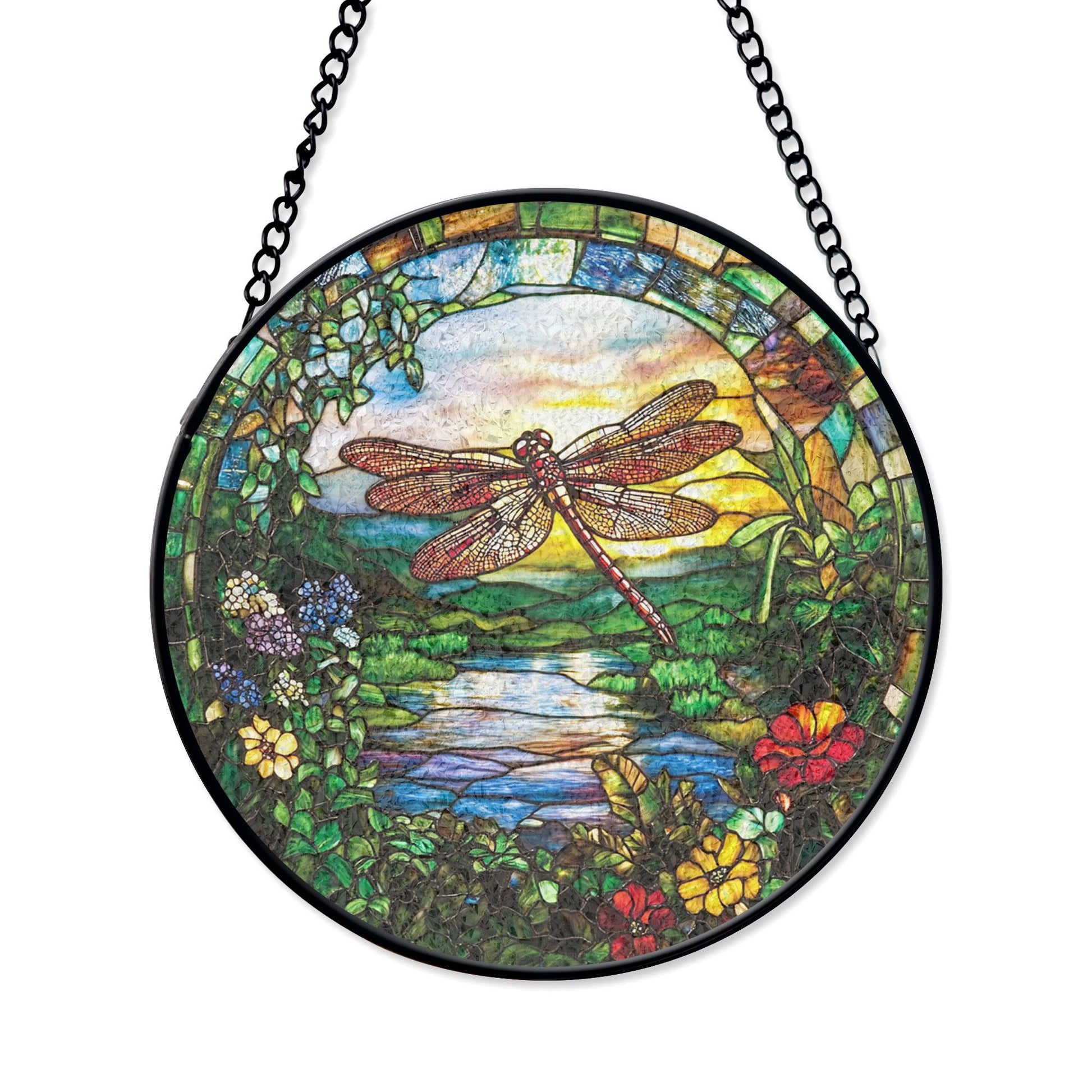 Stained Glass Dragonfly at Sunset - Nature Window Art, Decorative Stained Glass Style Suncatcher, Acrylic Window Art Panel, Sun Catcher Hanging Ornament, Unique Home Accent, andmade Home Decoration