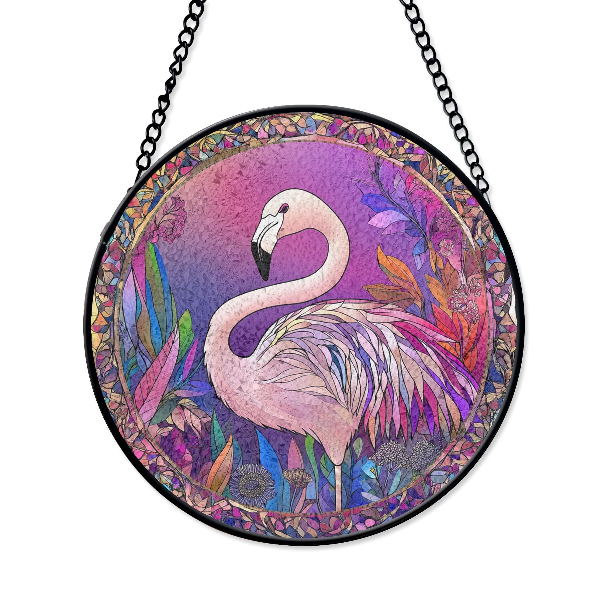 Stunning Pink Flamingo Stained Glass Window Panel With Vibrant Floral Design for Tropical Home Decor, Stained Glass Inspired Suncatcher, Acrylic Window Hanging Art, Colorful Light Catcher, Handmade Gift for Home