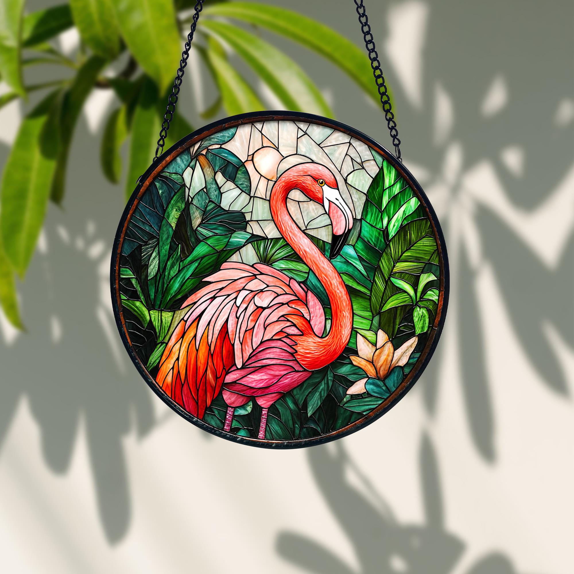 Stained Glass Flamingo Suncatcher_ Tropical Home Decor, Stained Glass Style Clover Window Suncatcher, Acrylic Lucky Hanging Decor, Four Leaf Sun Catcher, Green Home Ornament