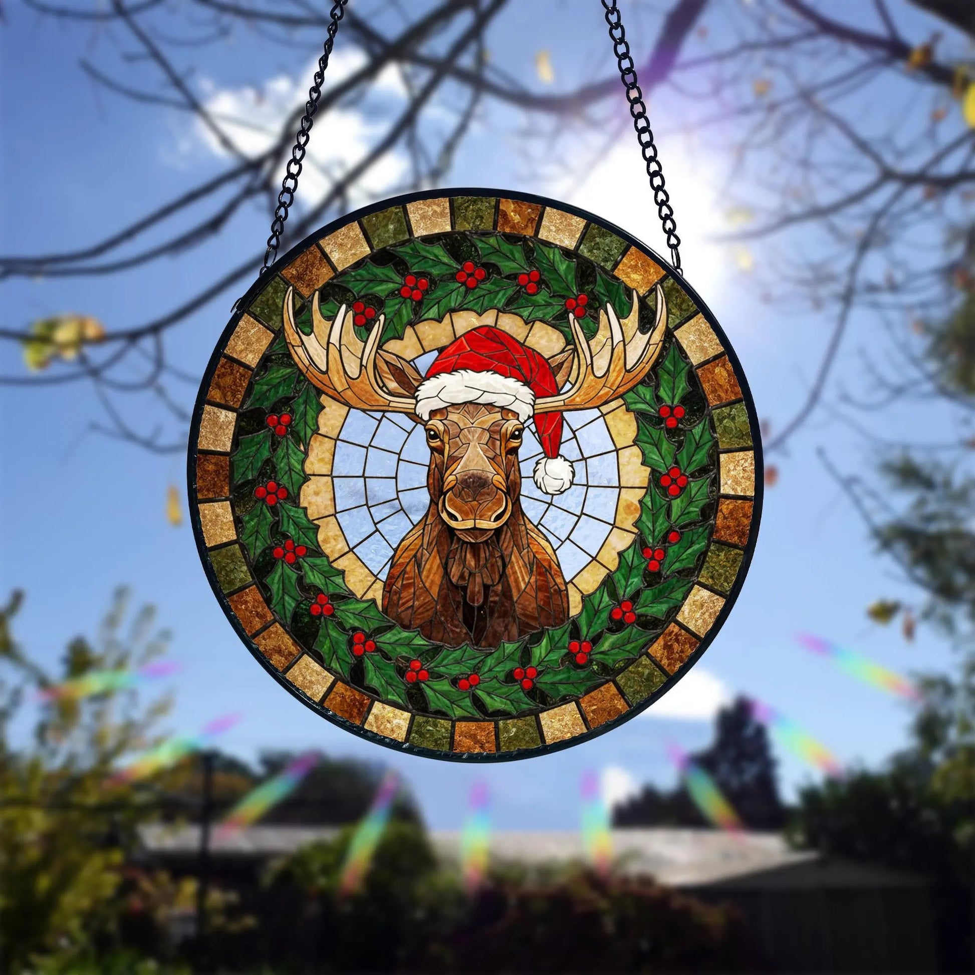 Christmas Moose Stained Glass Suncatcher_ Rustic Holiday Window, Colorful Sun Catcher Ornament, Boho Window Decoration, Unique Gift