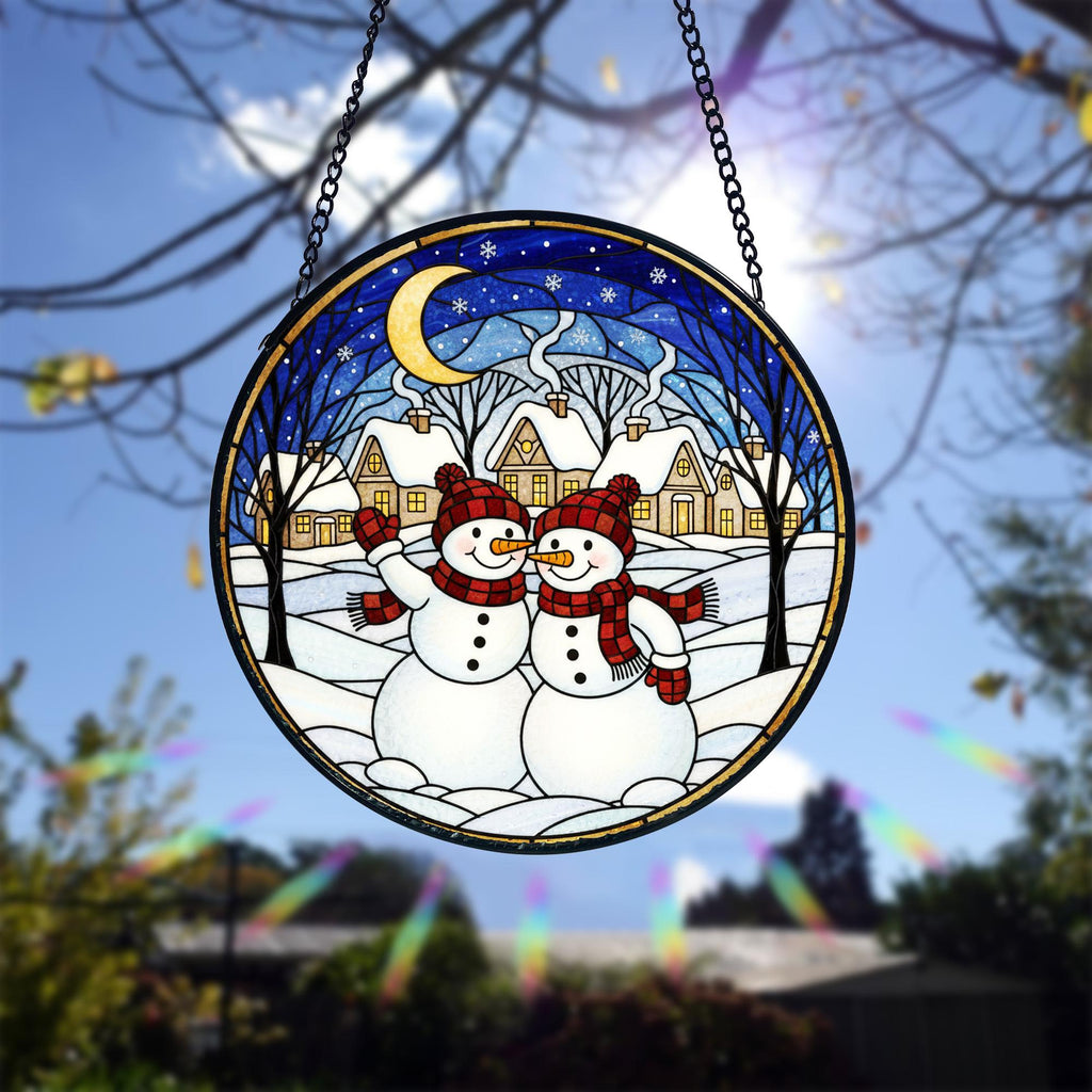 Snowman Couple Suncatcher_ Stained Glass Winter Window Decor, Stained Glass Style Clover Window Suncatcher, Acrylic Lucky Hanging Decor, Four Leaf Sun Catcher, Green Home Ornament