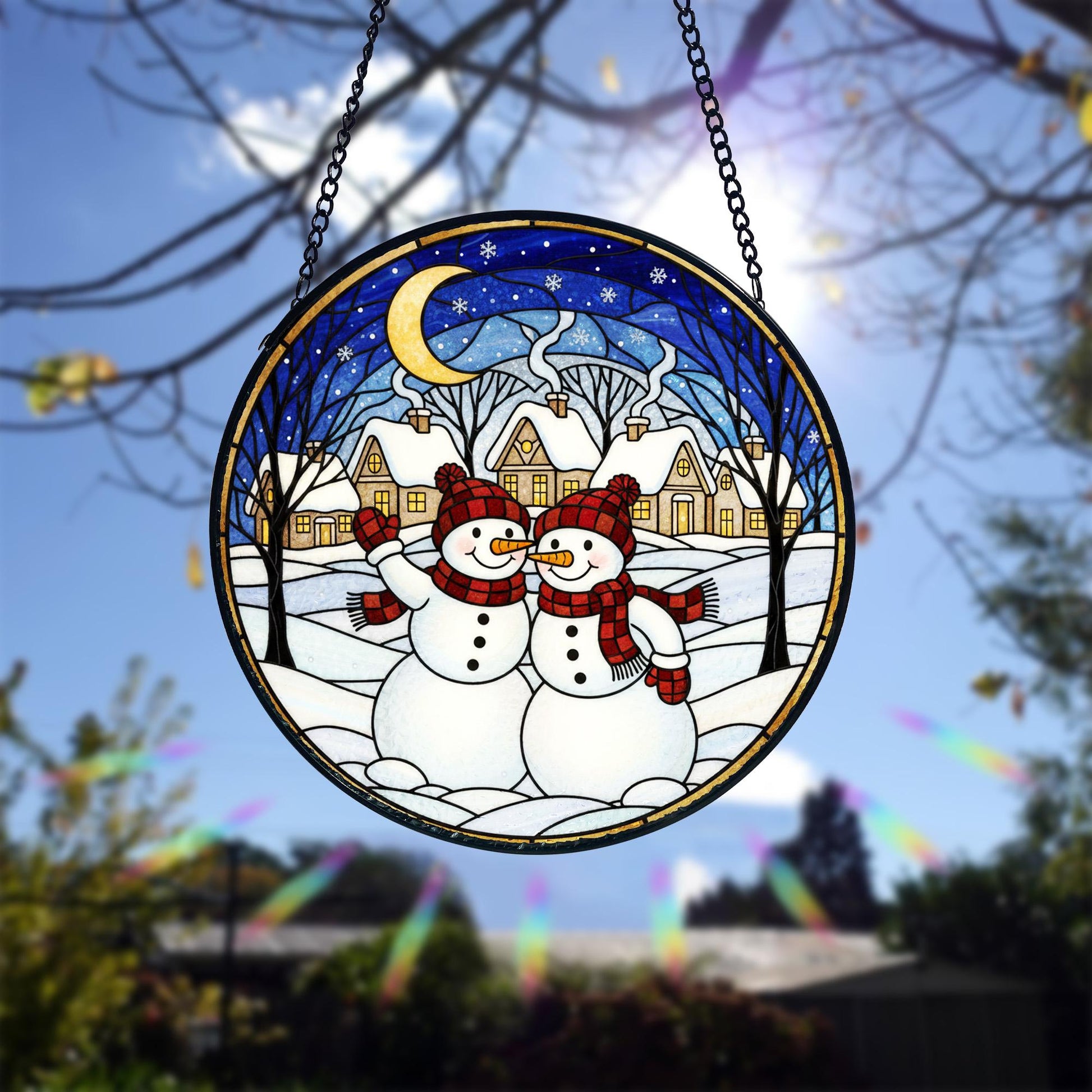 Snowman Couple Suncatcher_ Stained Glass Winter Window Decor, Stained Glass Style Clover Window Suncatcher, Acrylic Lucky Hanging Decor, Four Leaf Sun Catcher, Green Home Ornament