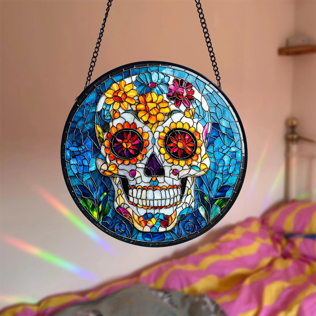 Sugar Skull Stained Glass Suncatcher, Dia De Los Muertos Decor, Acrylic Stained Glass Clover Suncatcher, Lucky Window Hanging, Boho Green Ornament, Unique Artisan Home Decor