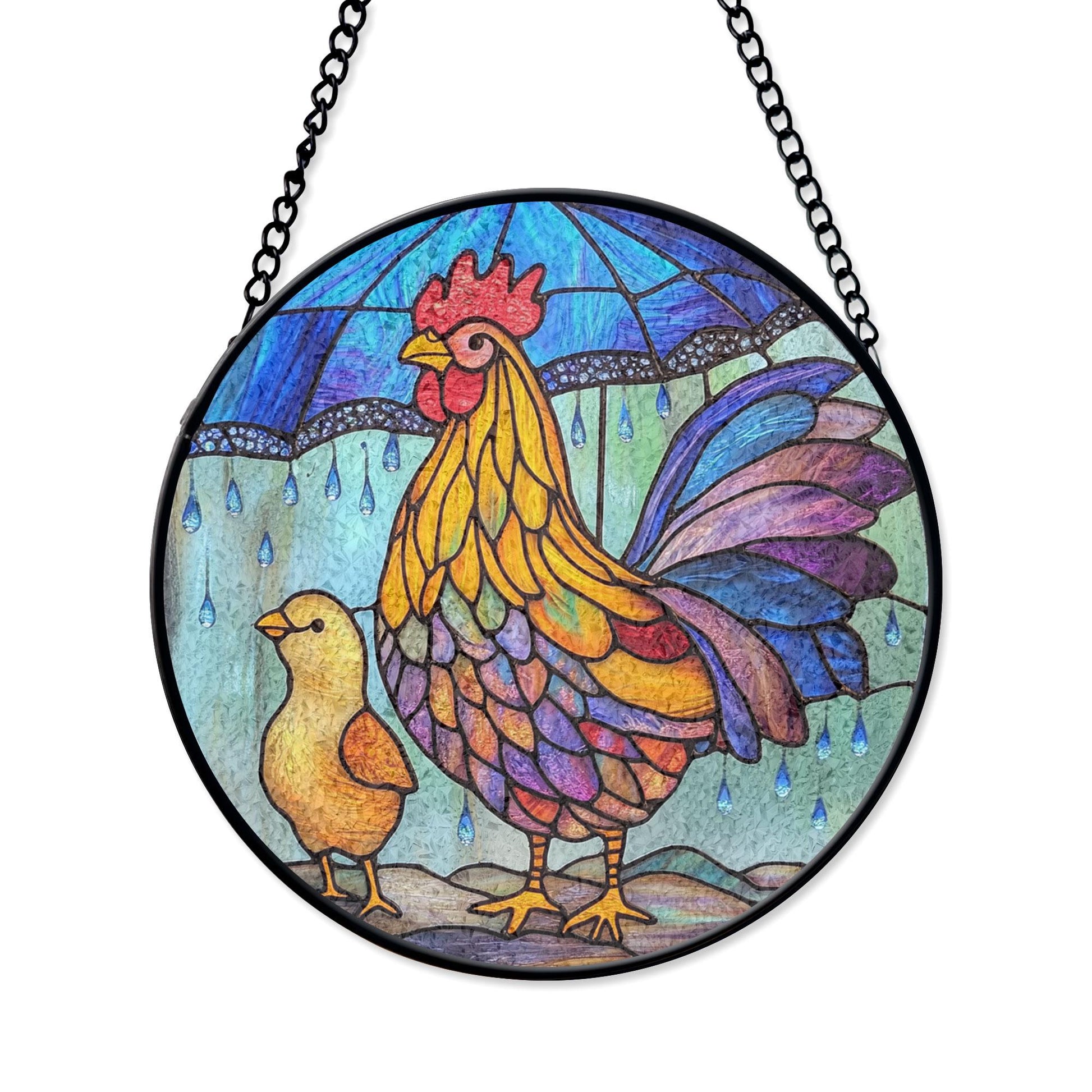Rooster and Chick Stained Glass Art for Window Hanging Decor, Decorative Stained Glass Style Suncatcher, Acrylic Window Art Panel, Sun Catcher Hanging Ornament, Unique Home Accent, andmade Home Decoration