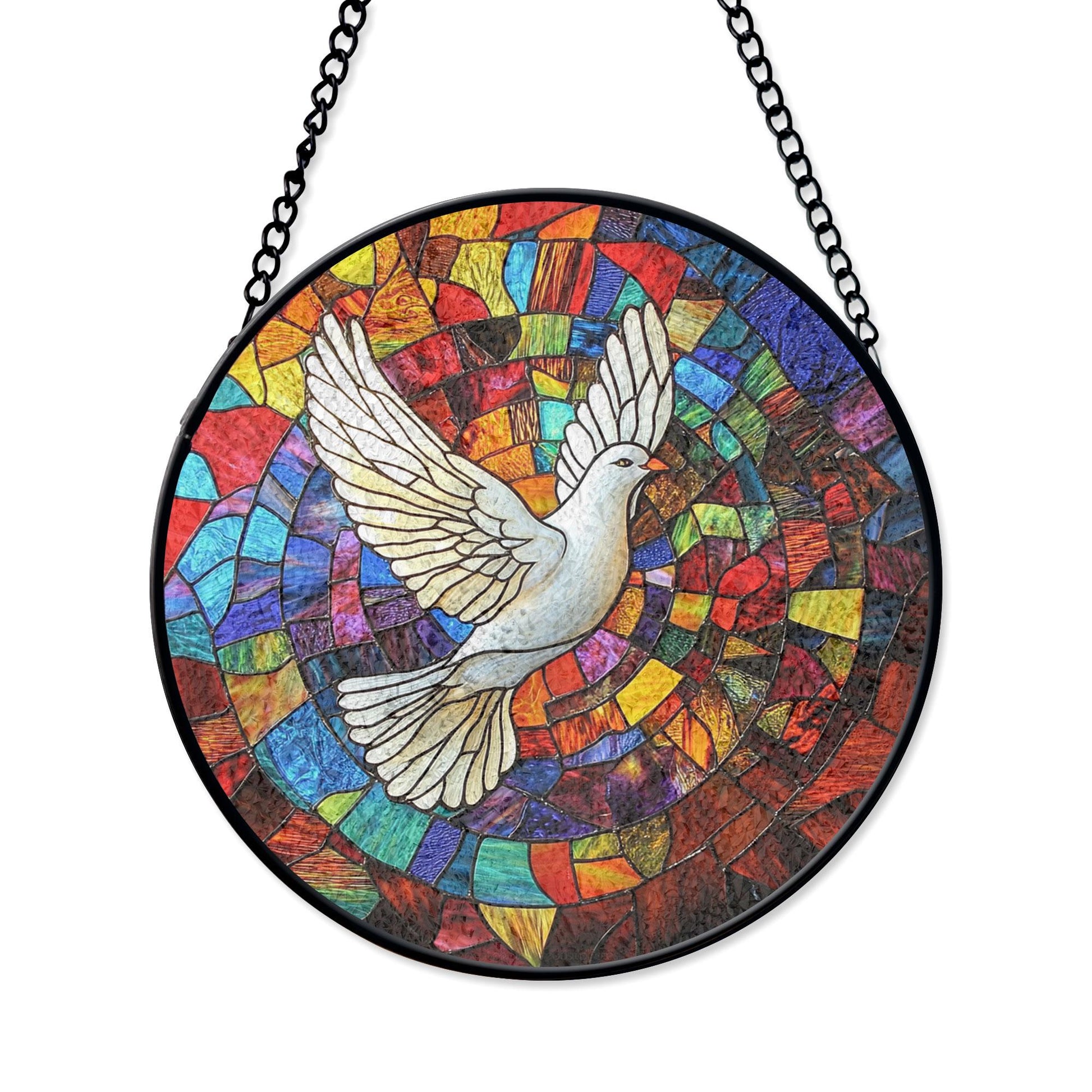 Peace Dove Stained Glass Panel - Vibrant Multicolor Design Circular Window Hanging , Colorful Acrylic Light Catcher, Stained Glass Effect Suncatcher, Handmade Window Decoration Gift