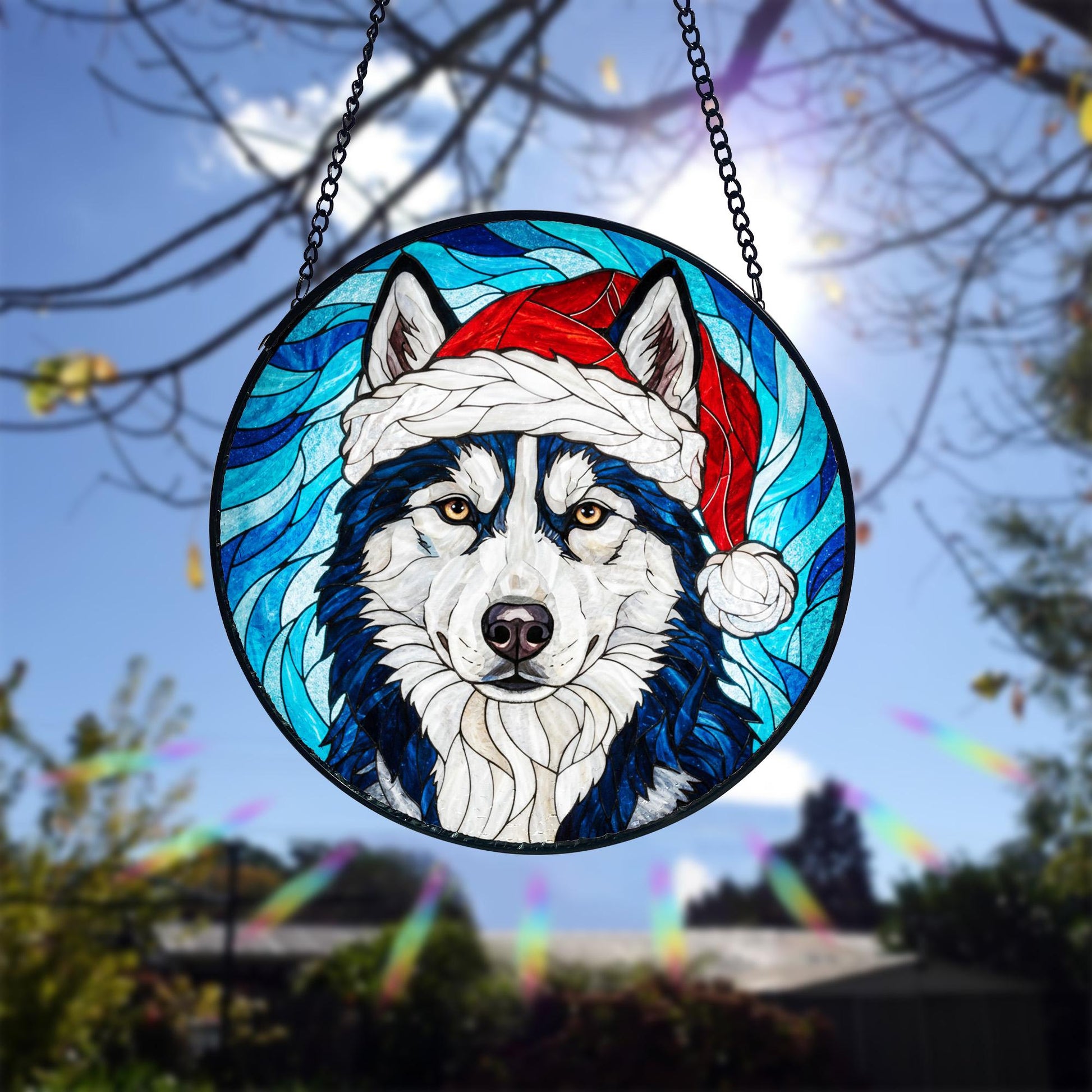 Husky Christmas Suncatcher_ Santa Hat Dog Stained Glass Ornament, Acrylic Stained Glass Window Art, Handmade Sun Catcher Hanging Decor, Colorful Light Reflecting Panel, Unique Gift for Home