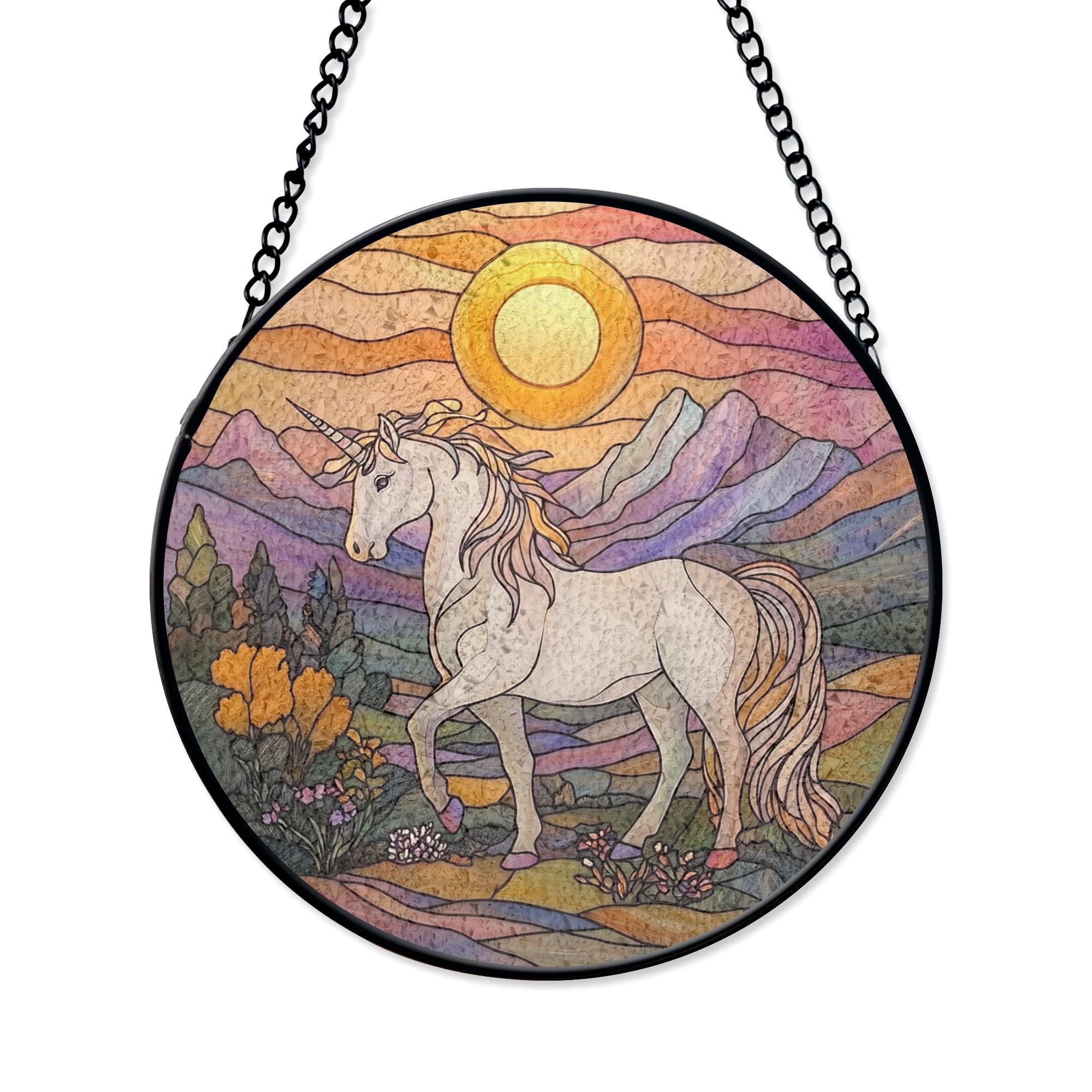 Unicorn Stained Glass Window Hanging - Magical Sunset Art Decor, Acrylic Boho Window Suncatcher, Stained Glass Look Panel, Artistic Light Catcher, Handmade Home Accent
