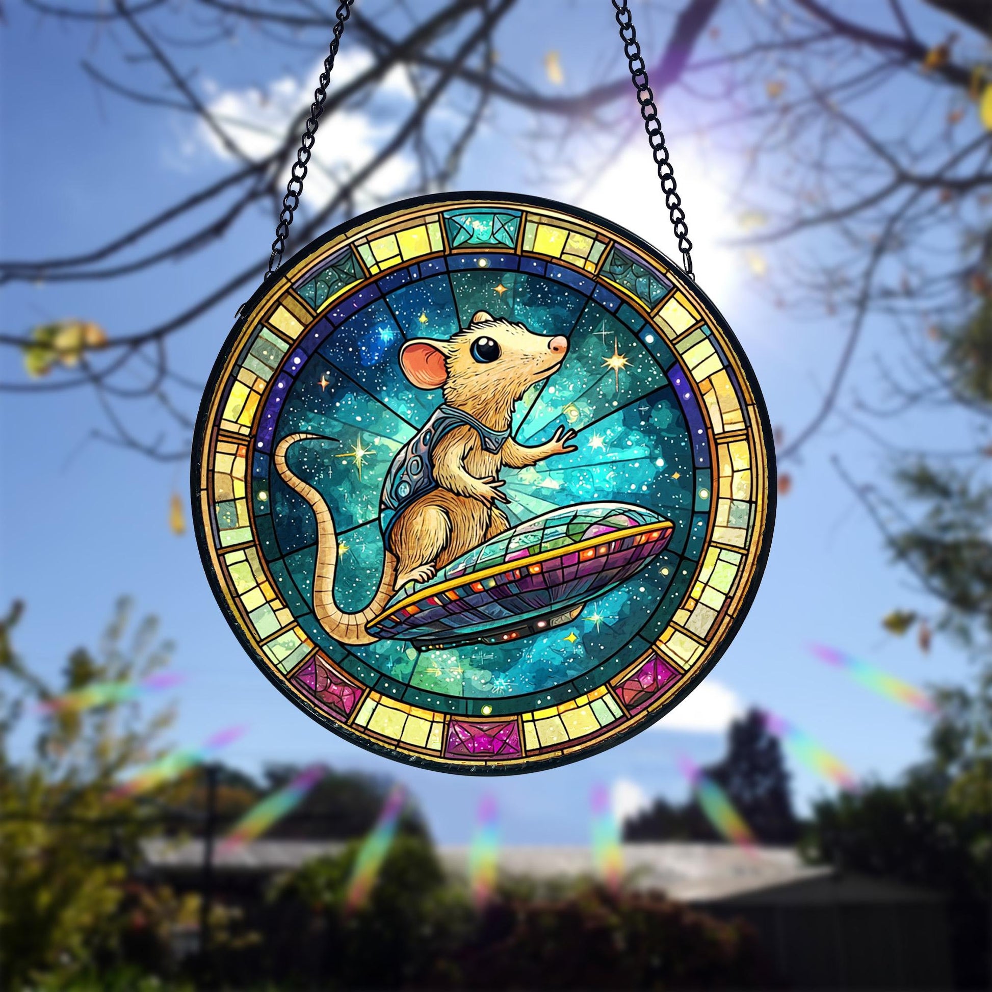 UFO Abduction Opossum Stained Glass Suncatcher_ Funny Alien Decor, Decorative Stained Glass Style Suncatcher, Acrylic Window Art Panel, Sun Catcher Hanging Ornament, Unique Home Accent, andmade Home Decoration