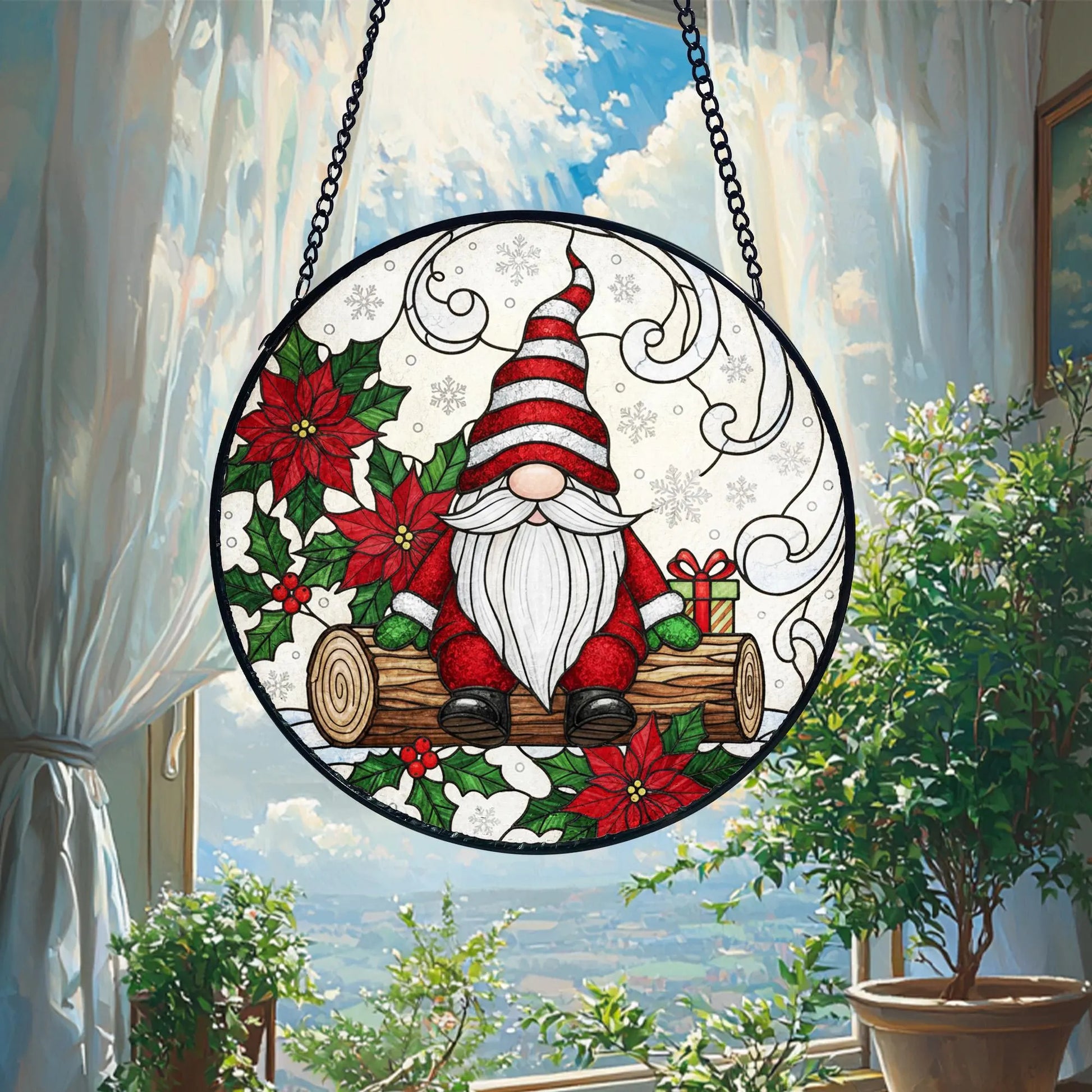 Christmas Gnome Suncatcher_ Nordic Stained Glass Window Hanging, Colorful Sun Catcher Ornament, Boho Window Decoration, Unique Gift