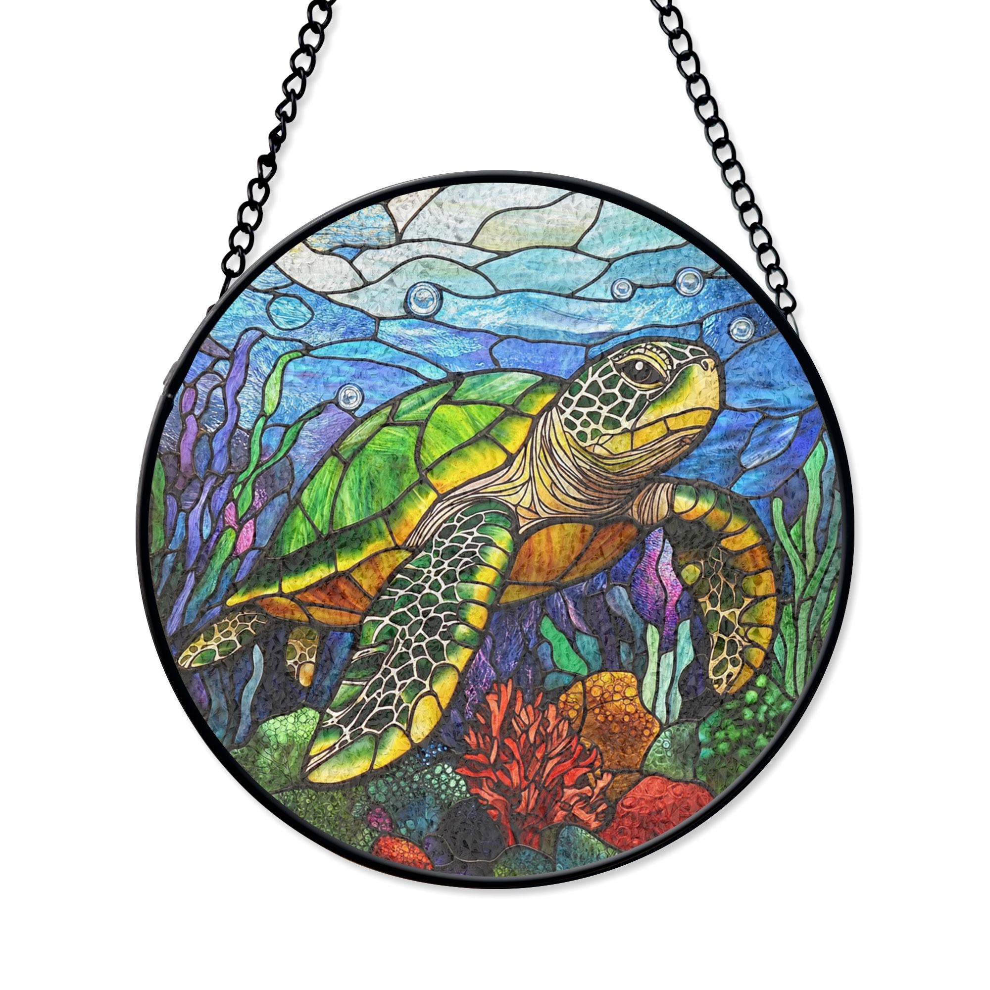 Sea Turtle Stained Glass Panel - Vibrant Underwater Coral Reef Design Circular Window Hanging, Acrylic Stained Glass Inspired Suncatcher, Decorative Window Hanging, Artistic Home Decoration, Stained Glass Look, Colorful Light Catcher Decor Gift