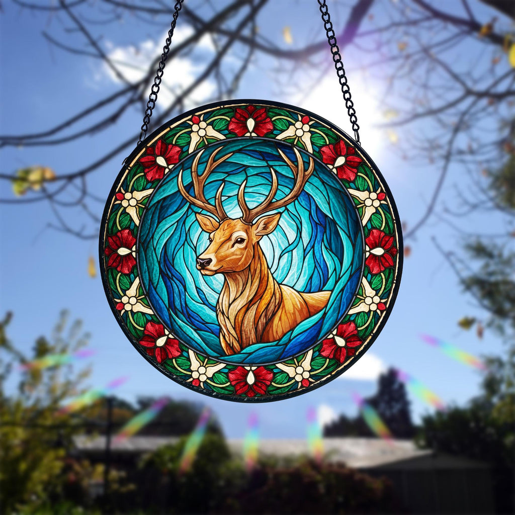 Stained Glass Style Deer Suncatcher, Holiday Home Decor, Stained Glass Style Clover Window Suncatcher, Acrylic Lucky Hanging Decor, Four Leaf Sun Catcher, Green Home Ornament