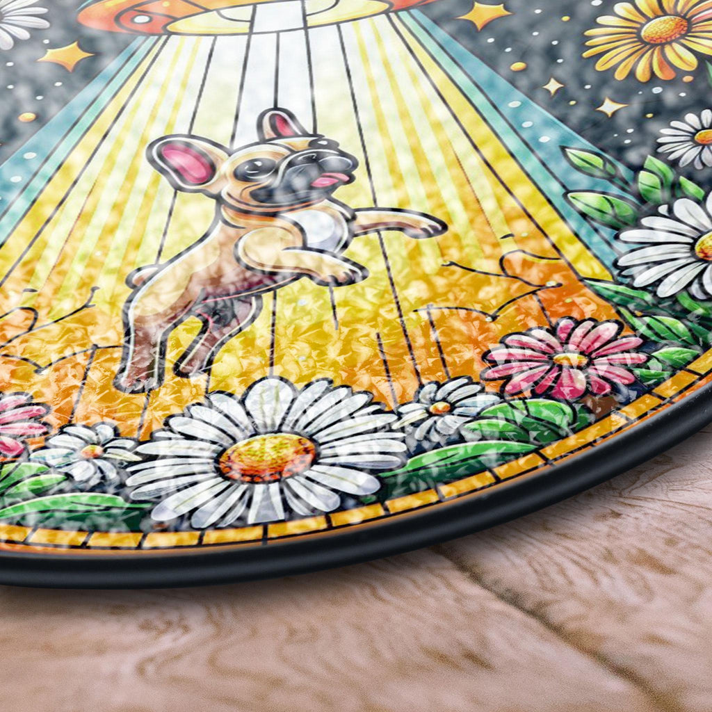 Alien Abduction French Bulldog Stained Glass Suncatcher, Alien Abduction Window Hanging, Sci-fi Dog Decor, Pet Lover Gift, Acrylic Hanging Sun Catcher for Windows, Stained Glass Look Decor, Artistic Home Accent