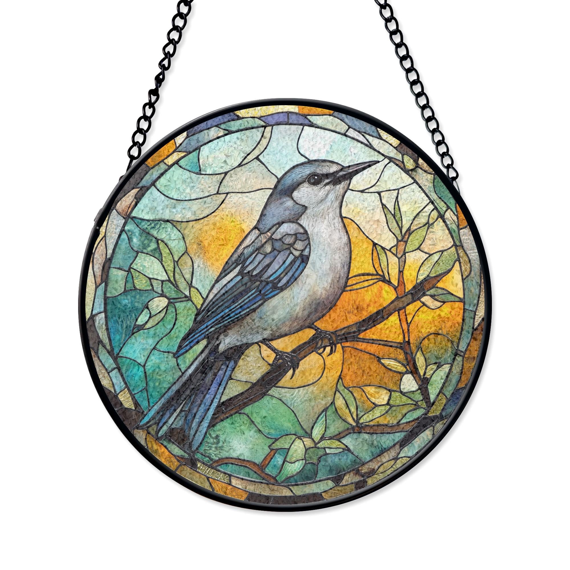 Mockingbird Stained Glass Window Panel With Vibrant Yellow and Green Background, Perfect Nature-inspired Home Decor or Gift , Colorful Acrylic Light Catcher, Stained Glass Effect Suncatcher, Handmade Window Decoration Gift