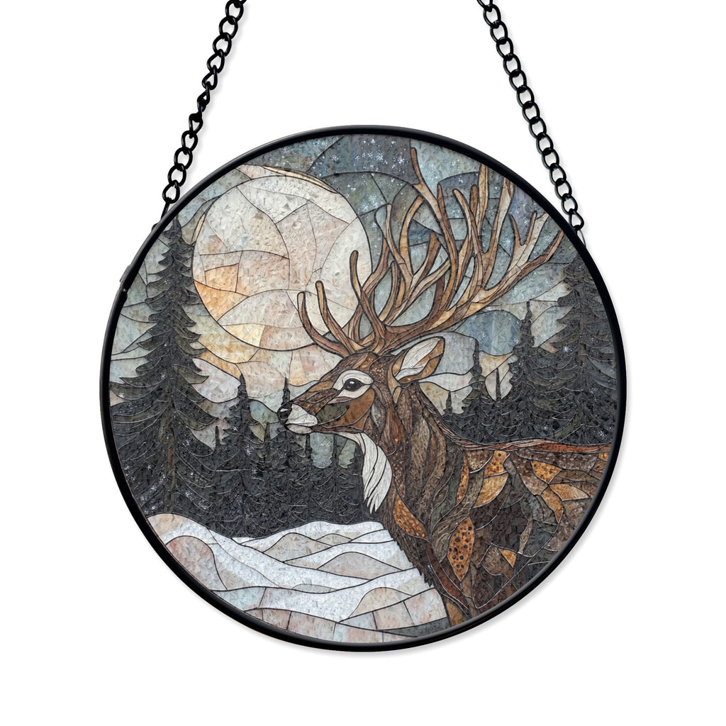 Majestic Deer and Full Moon Stained Glass Window Hanging - Winter Forest Suncatcher, Acrylic Boho Window Suncatcher, Stained Glass Look Panel, Artistic Light Catcher, Handmade Home Accent