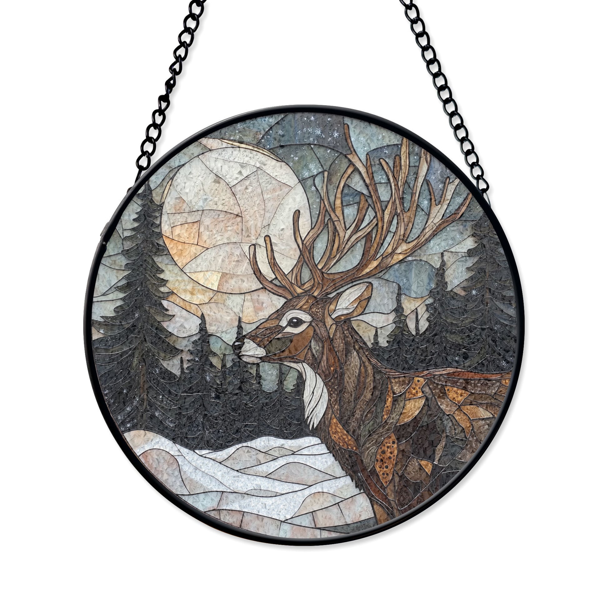 Majestic Deer and Full Moon Stained Glass Window Hanging - Winter Forest Suncatcher, Acrylic Boho Window Suncatcher, Stained Glass Look Panel, Artistic Light Catcher, Handmade Home Accent