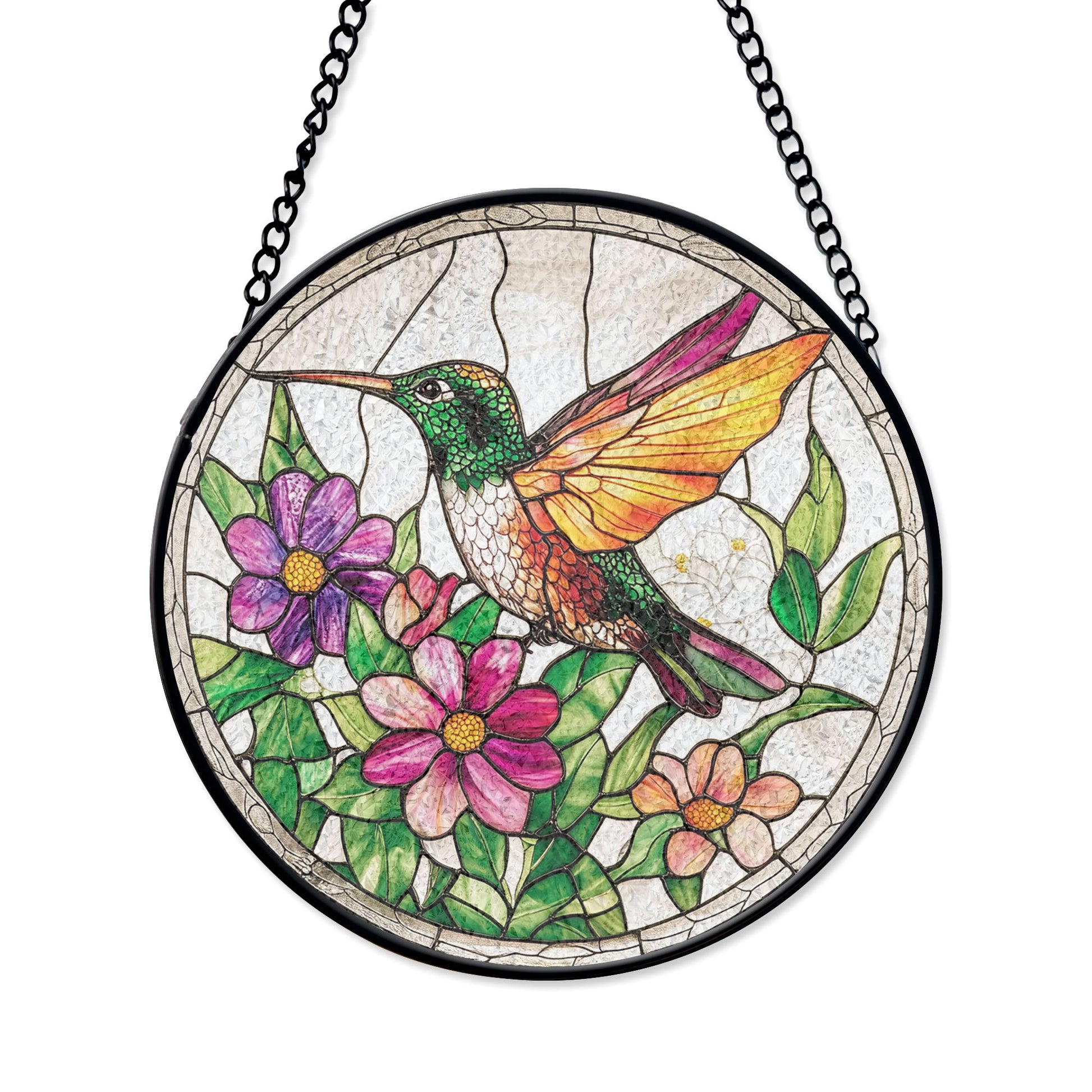 Stained Glass Hummingbird and Wildflowers Suncatcher, Window Hanging Decor, Indoor Wall Art, Gift for Women, Floral Bird Art Ornament , Vibrant Acrylic Sun Catcher Hanging, Stained Glass Look Window Decor, Decorative Home Accent Gift