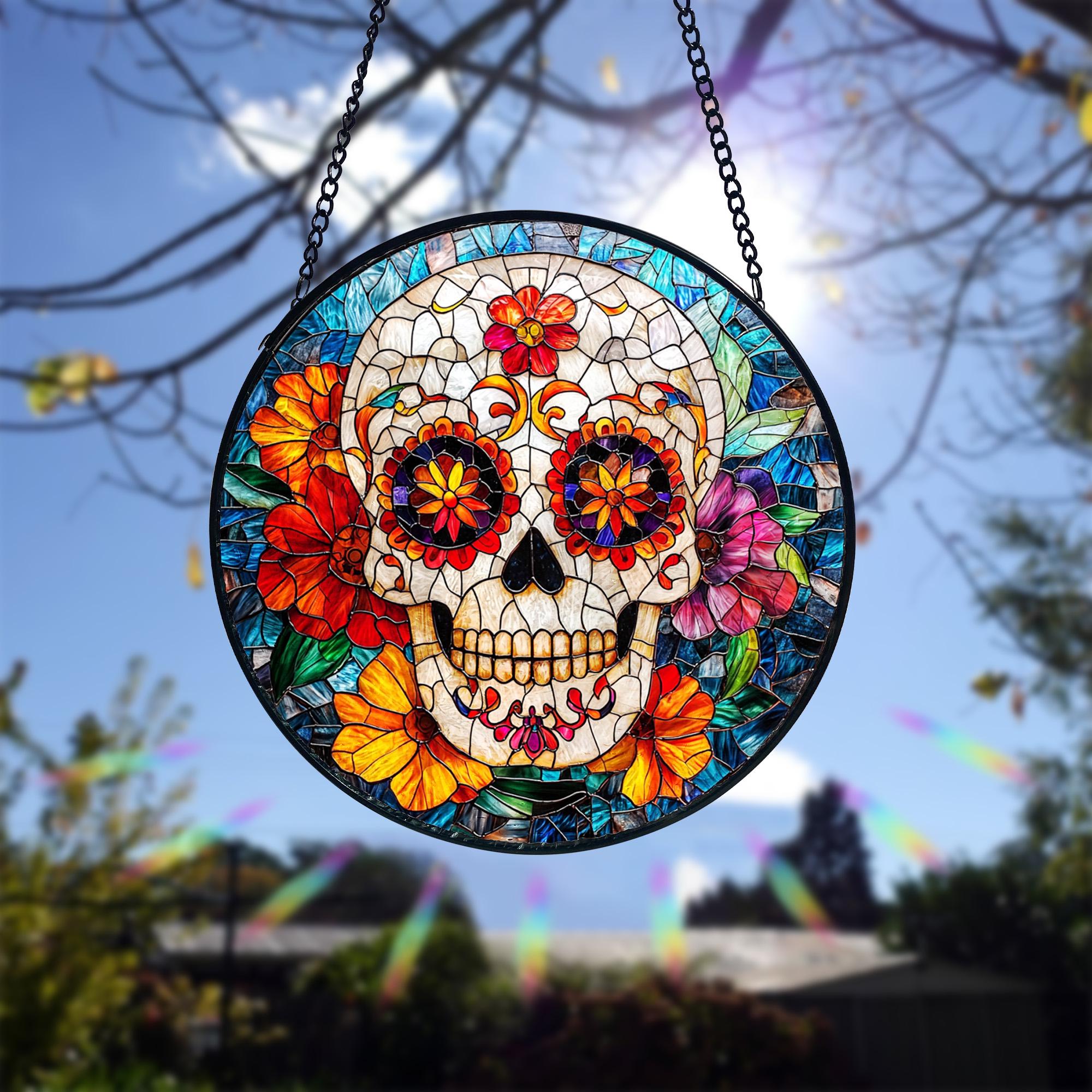 Sugar Skull Stained Glass Window Hanging_ Dia De Los Muertos Decor, Acrylic Stained Glass Clover Suncatcher, Lucky Window Hanging, Boho Green Ornament, Unique Artisan Home Decor