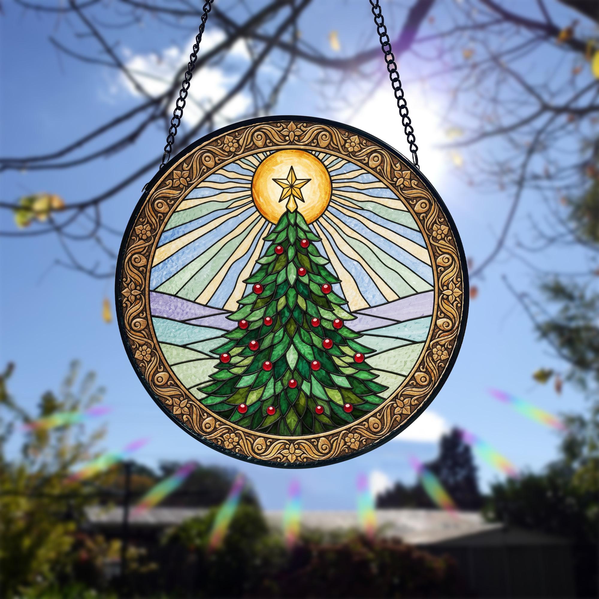 Golden Sun Christmas Tree Suncatcher, Stained Glass Style Window Hanging, Stained Glass Style Window Hanging Colorful Sun Catcher Ornament, Boho Window Decoration, Unique Gift