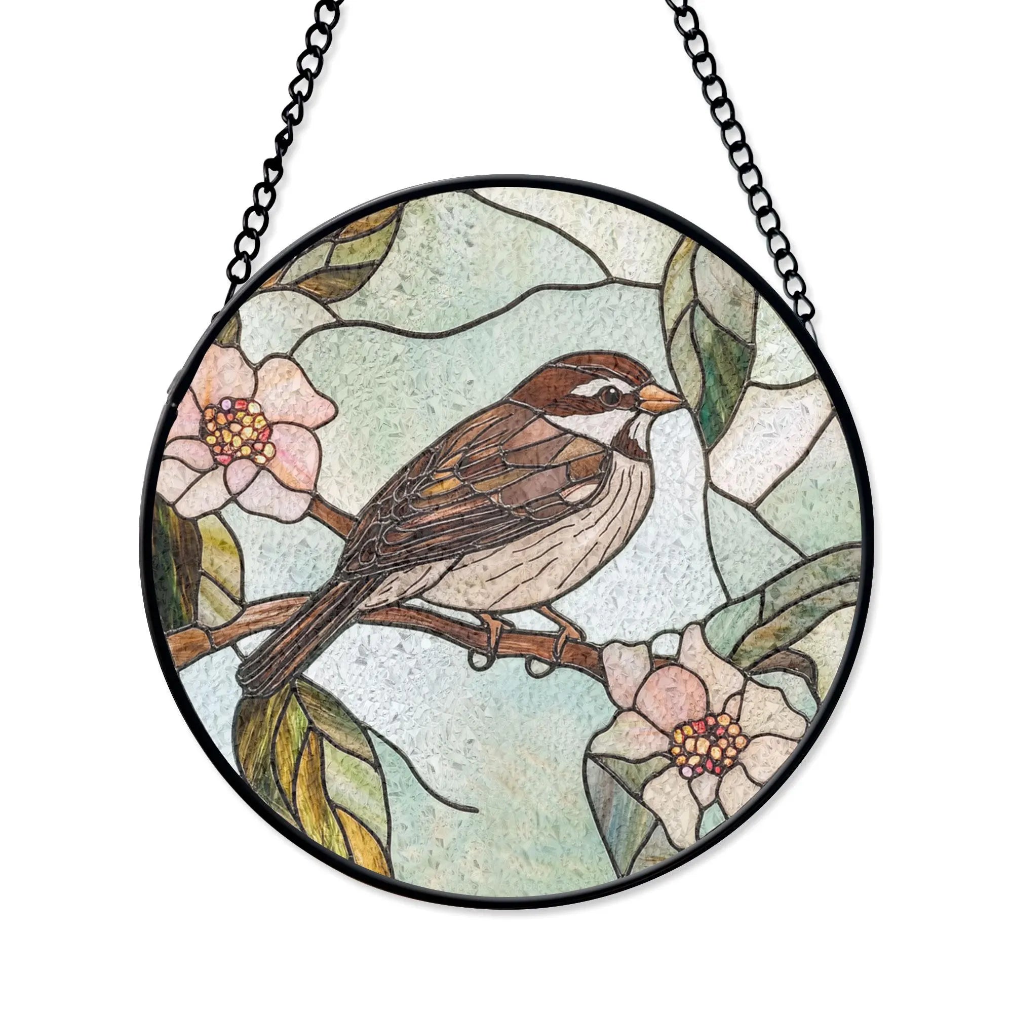 Charming Sparrow Round Glass Panel With Floral Design - Perfect Window or Wall Accent for Nature Lovers, Acrylic Light Catcher Window Hanging, Stained Glass Style Ornament, Artistic Home Decor Gift