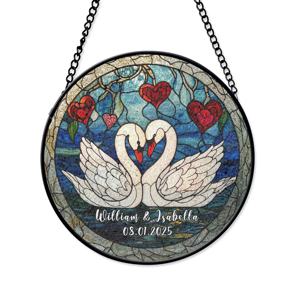 Elegant Swan Couple Stained Glass Panel With Personalized Names and Heart Design, Perfect Valentine's Day, Wedding, or Anniversary Gift, Acrylic Stained Glass Decoration, Handmade Window Suncatcher Ornament, Boho Light Catcher Gift