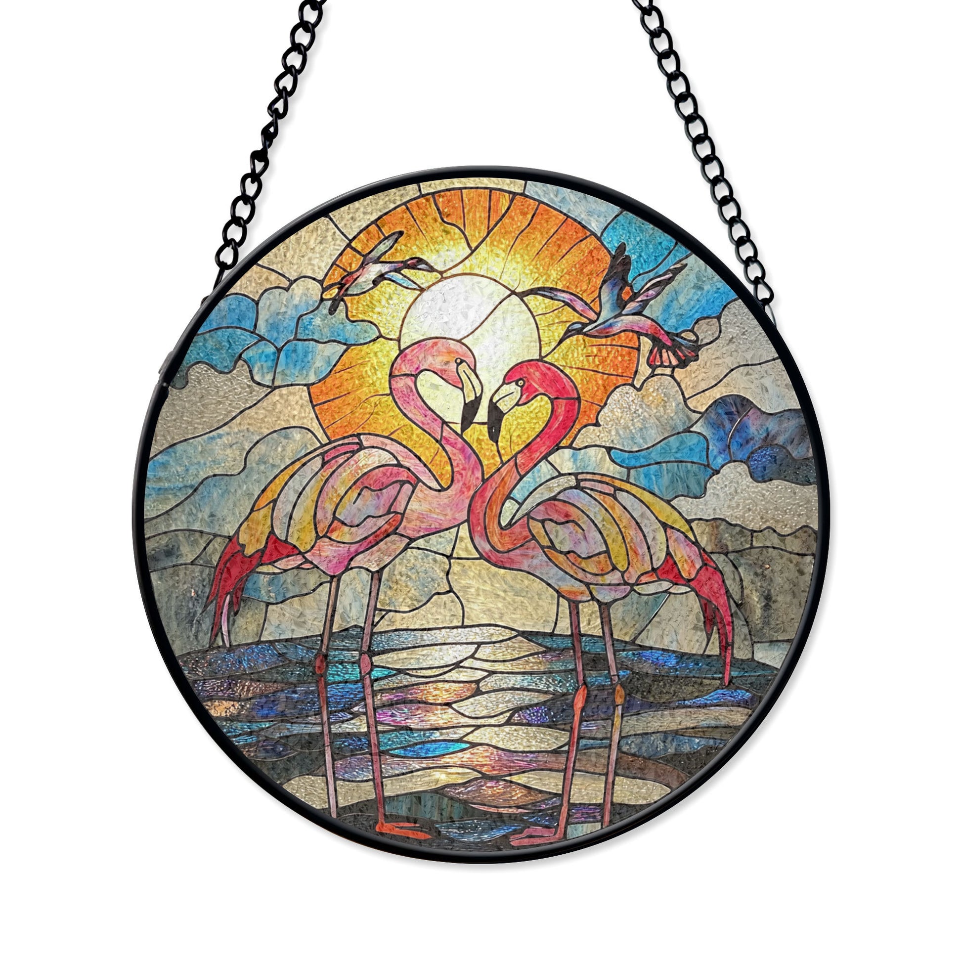 Stained Glass Flamingos at Sunrise Window Hanging, Elegant Tropical Decor, Acrylic Boho Window Suncatcher, Stained Glass Look Panel, Artistic Light Catcher, Handmade Home Accent