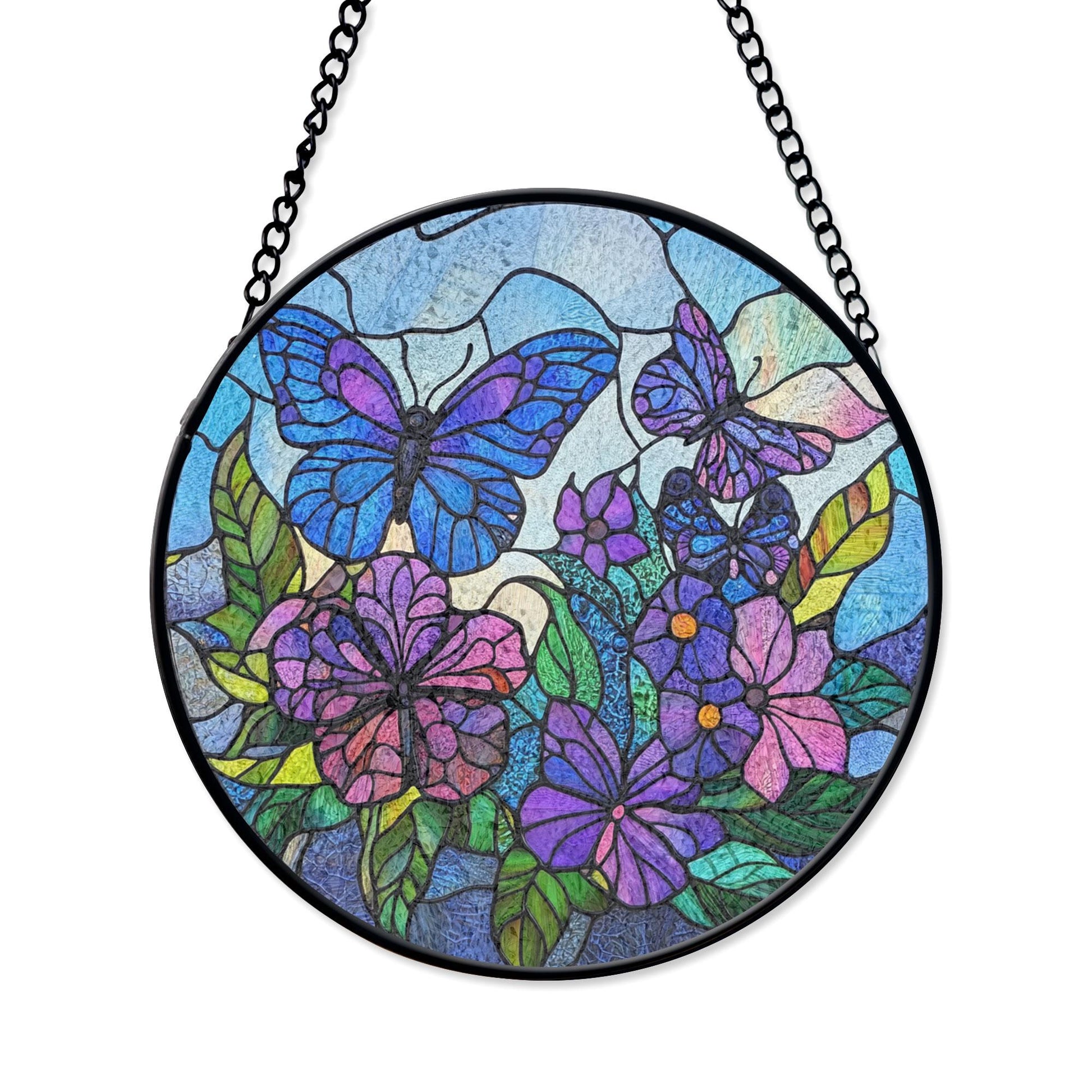 Butterfly and Flower Stained Glass Panel, Vibrant Round Window Decor, Handmade Acrylic Suncatcher Window Hanging, Stained Glass Look Decor, Colorful Light Catcher, Unique Home Gift
